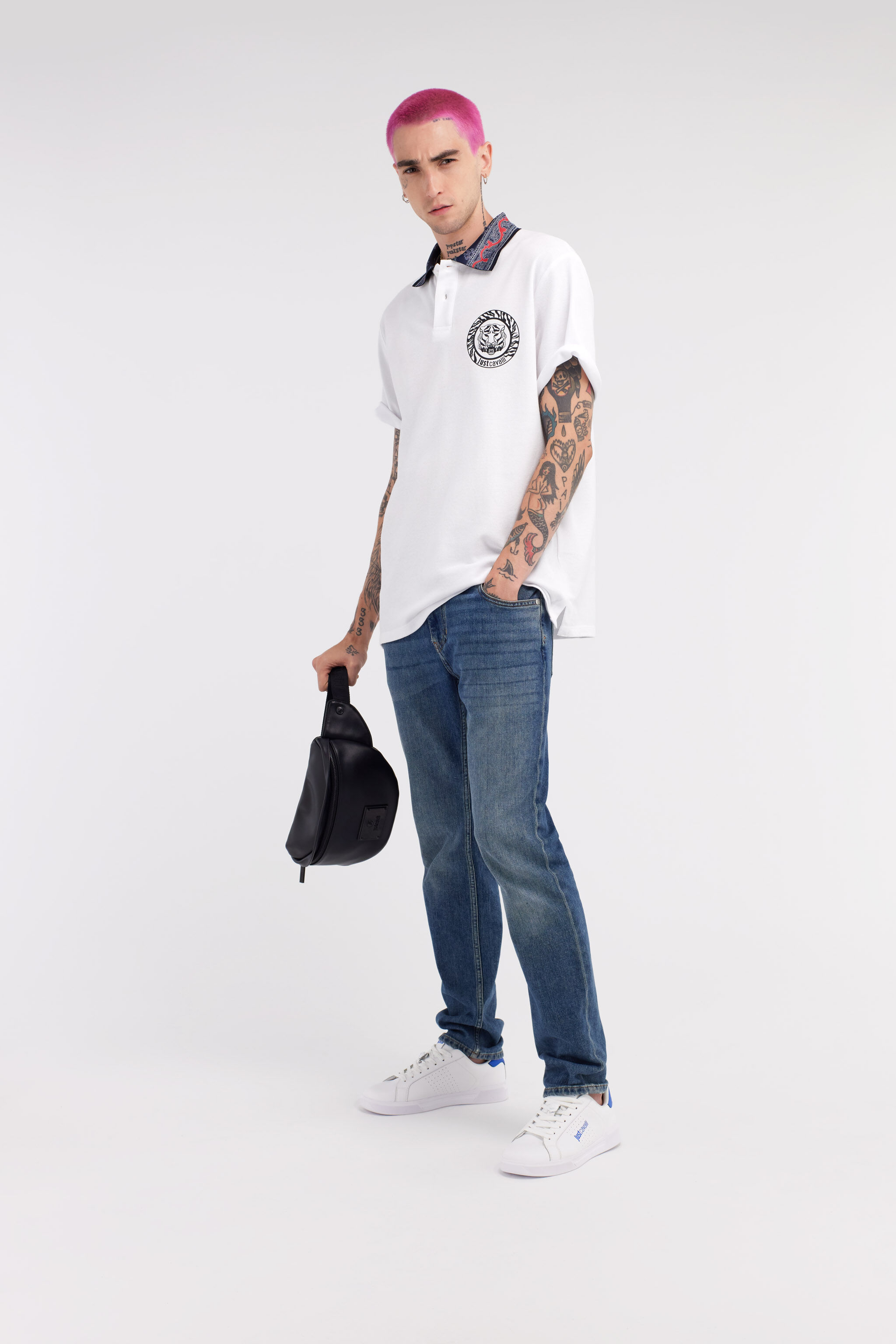 JC Just Cavalli Tiger Logo Polo Shirt White RRT899-RR161