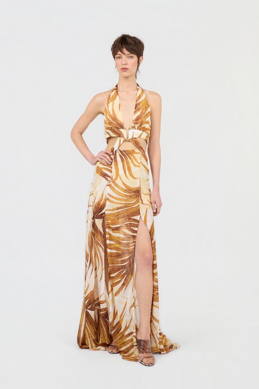 JC Golden Palm Print Maxi Dress DAFFODIL WFT305-WF703