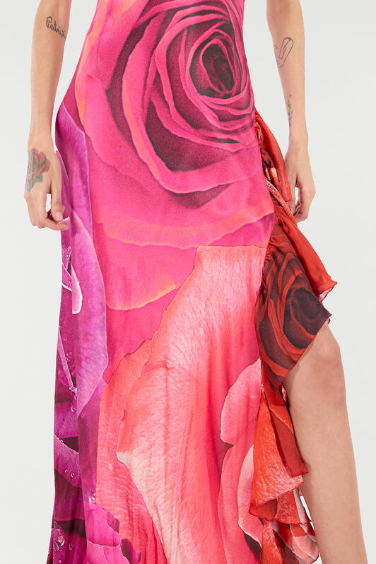 RC Dress With Rose Print And Flounces ROSA/ROSSO UKT107-RYN48