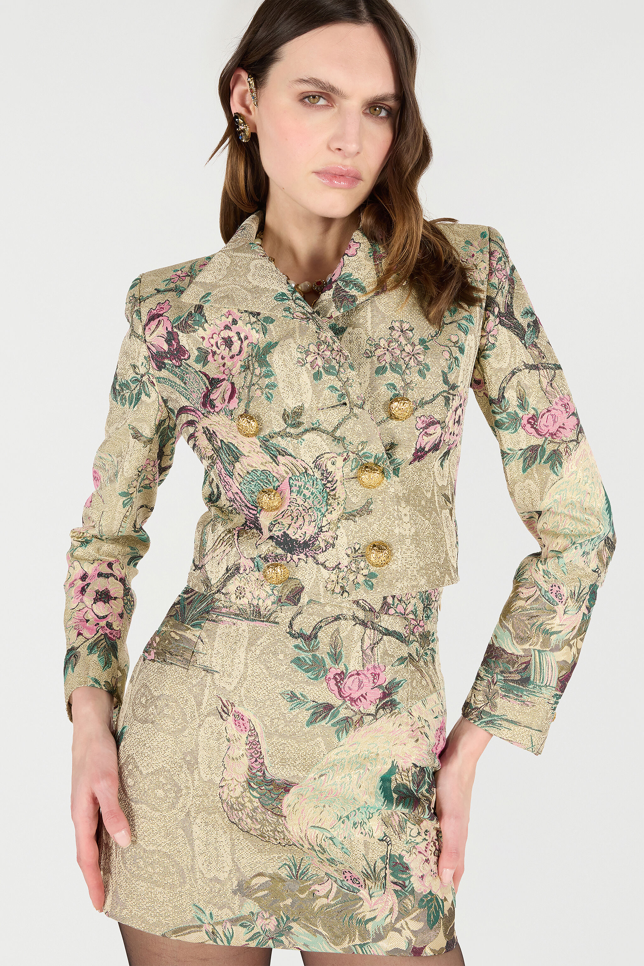 RC Cropped Jacket with Floral and Pheasant Motif Ivory/Pink VKT403-DJ084