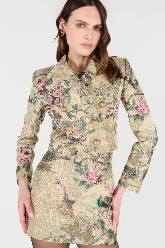RC Cropped Jacket with Floral and Pheasant Motif RC Cropped Jacket with Floral and Pheasant Motif Ivory/Pink VKT403-DJ084