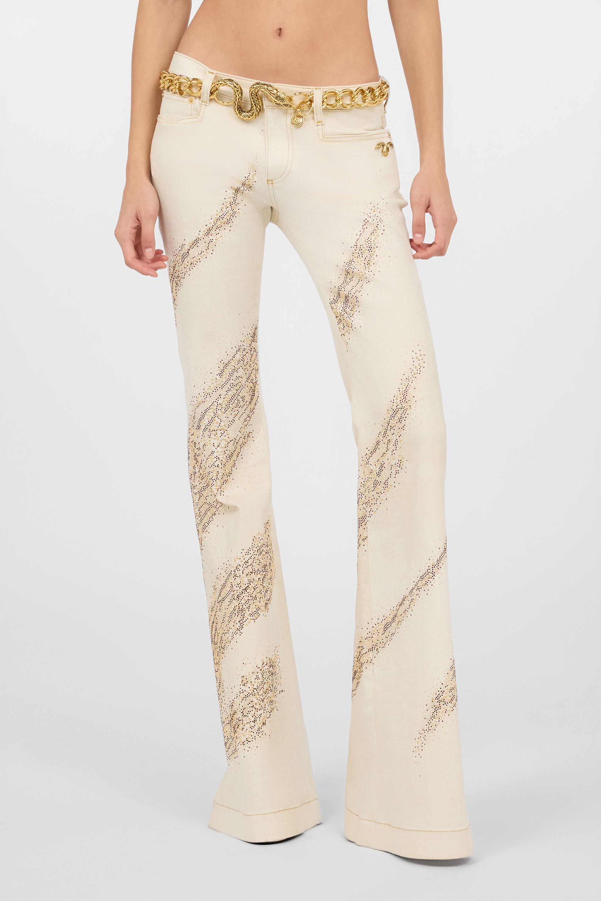 RC Ivory flared jeans with gold animal-print detailing IVORY/GOLD WWJ204-DE017