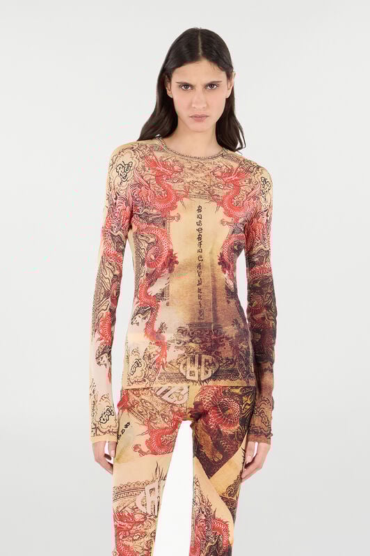 RC Long-Sleeve T-Shirt with Oriental Print NATURALE/ROSSO VQT60G-TLQ22