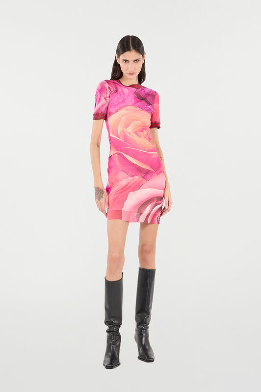 RC Short Rose-Print Dress With Glittery Trims Fuchsia UKT12A-6HN48