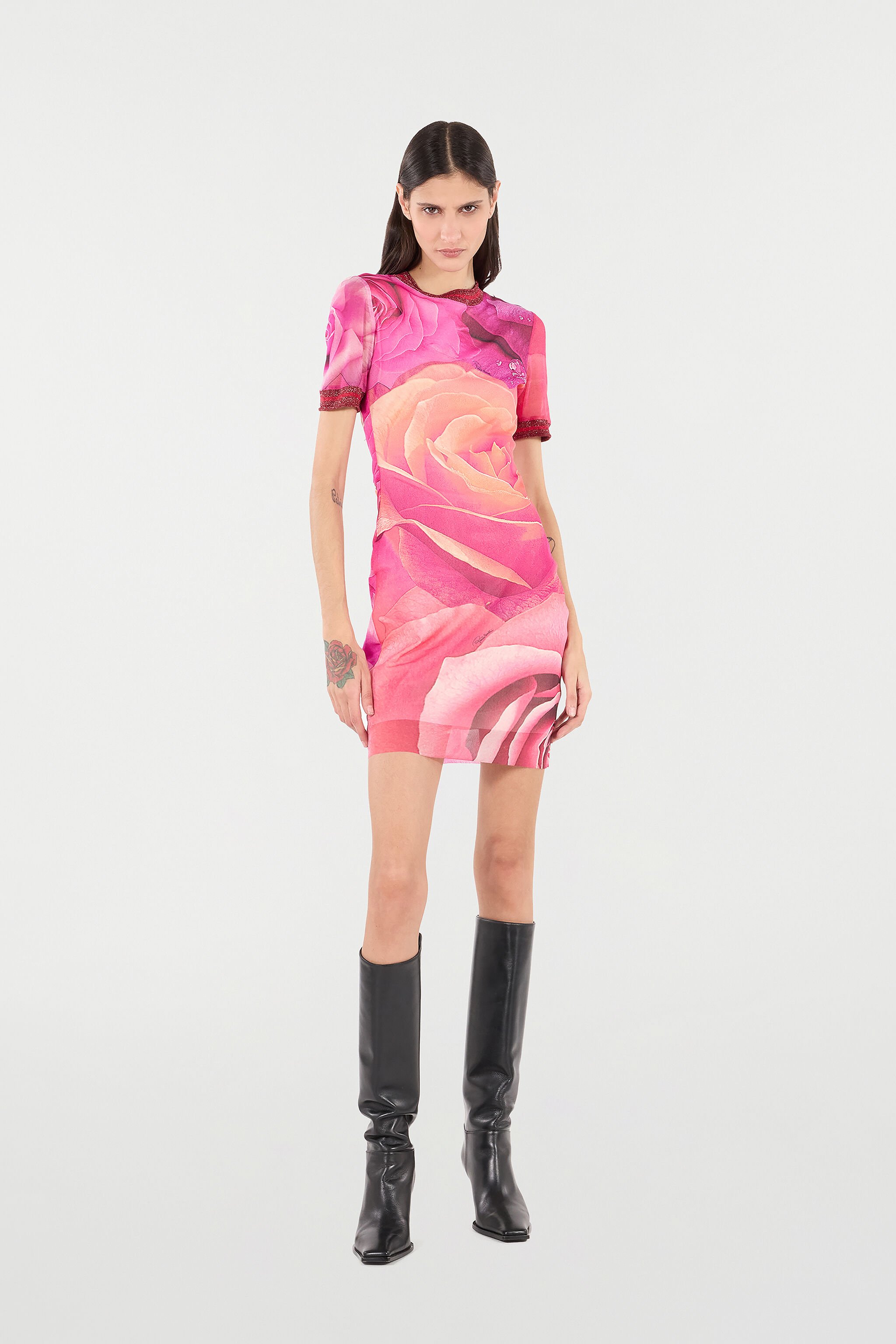 RC Short Rose-Print Dress With Glittery Trims Fuchsia UKT12A-6HN48