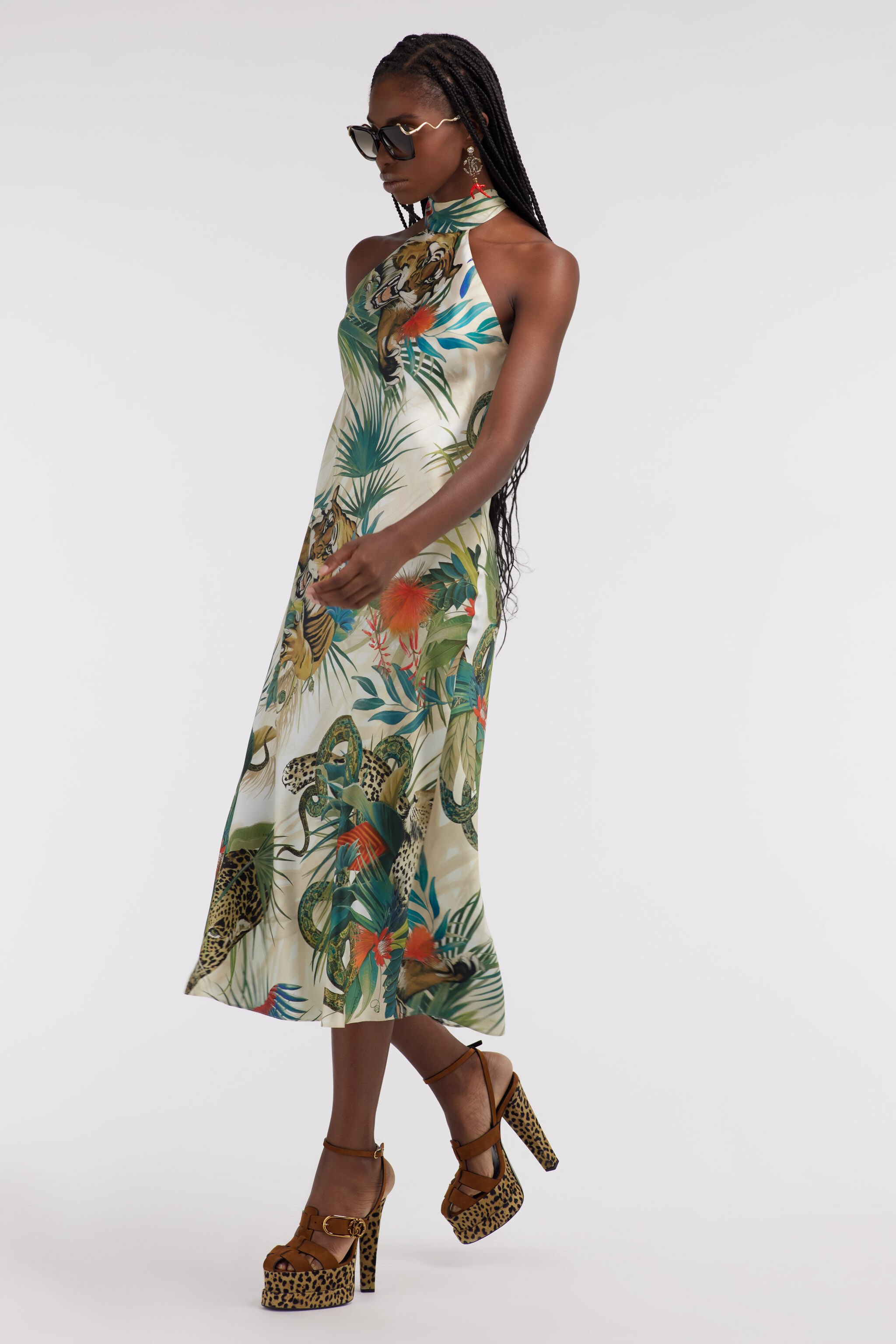 RC Jungle Print Silk Midi Dress Halter Neck Green SKT129-4QI88