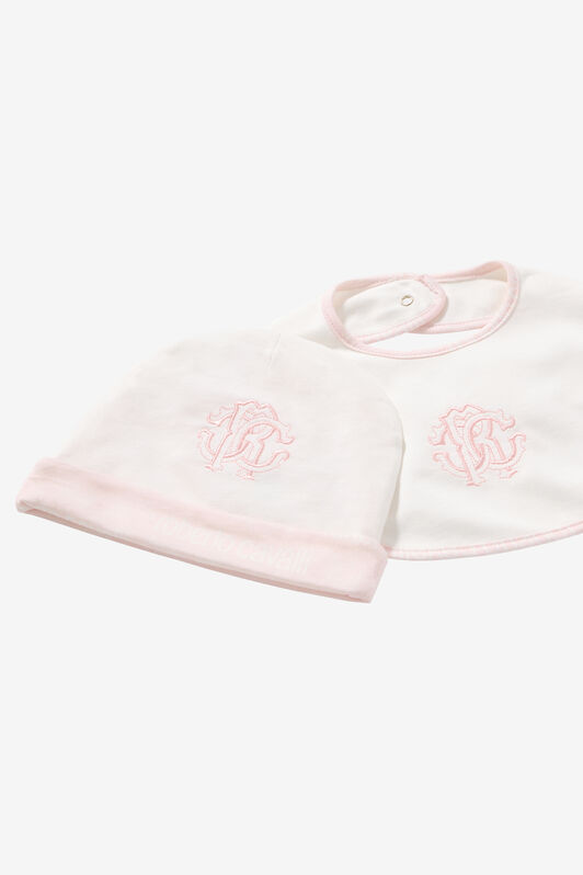 JU Ensemble Bonnet, Bavoir Et Grenouillère Avec Monogramme RC Et Logo Rose UJT817-JD001