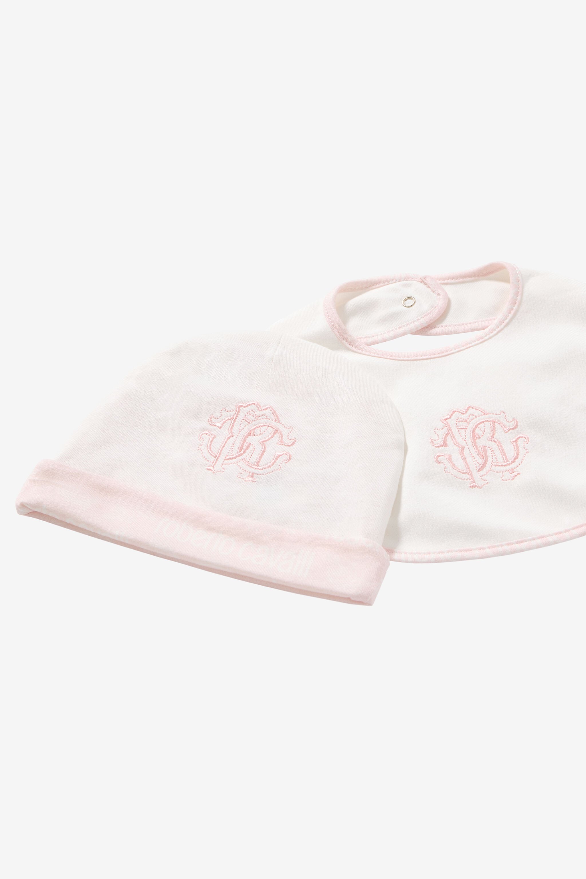 JU Ensemble Bonnet, Bavoir Et Grenouillère Avec Monogramme RC Et Logo Rose UJT817-JD001