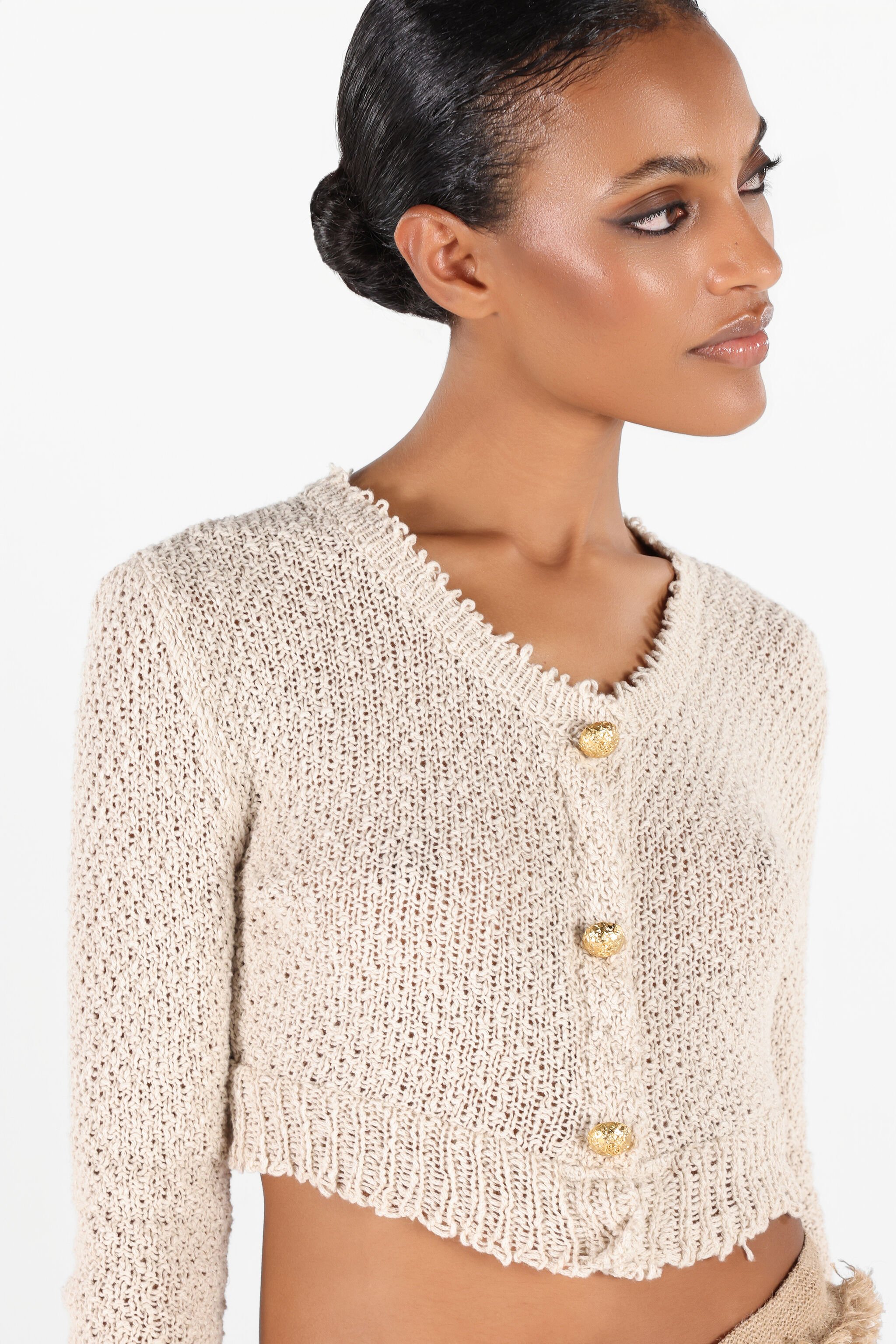 RC Kurze Strickjacke mit goldenen Knöpfen Hellbraun UWM900-ME005