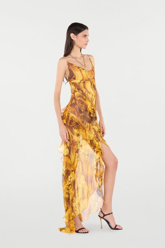 RC Asymmetric Silk Dress with Amber Print RC Asymmetric Silk Dress with Amber Print Amarillo VKT139-CKP74