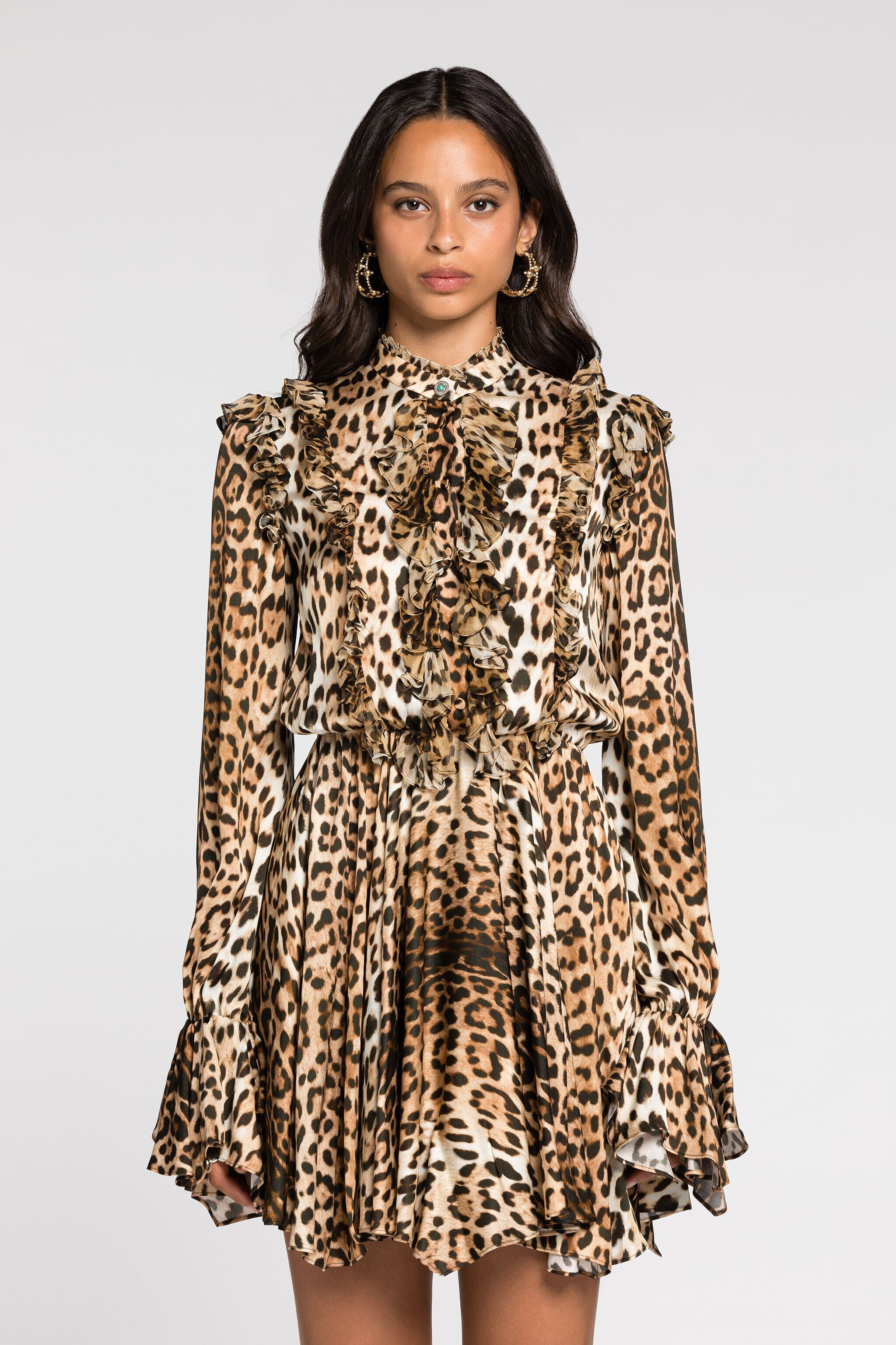 RC Ruffled-detail leopard-print dress Light Brown RKT107-SZH26