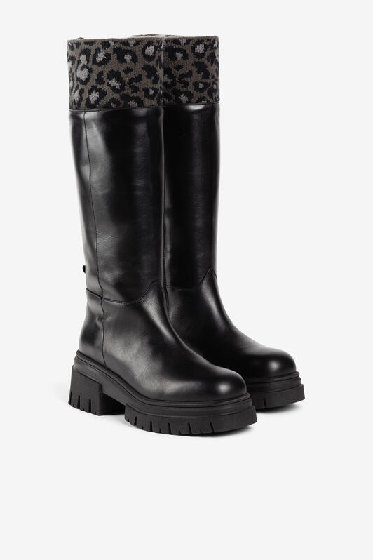 RC Kniehohe Stiefel aus Leopard-Jacquard Schwarz JSS01P-PN021
