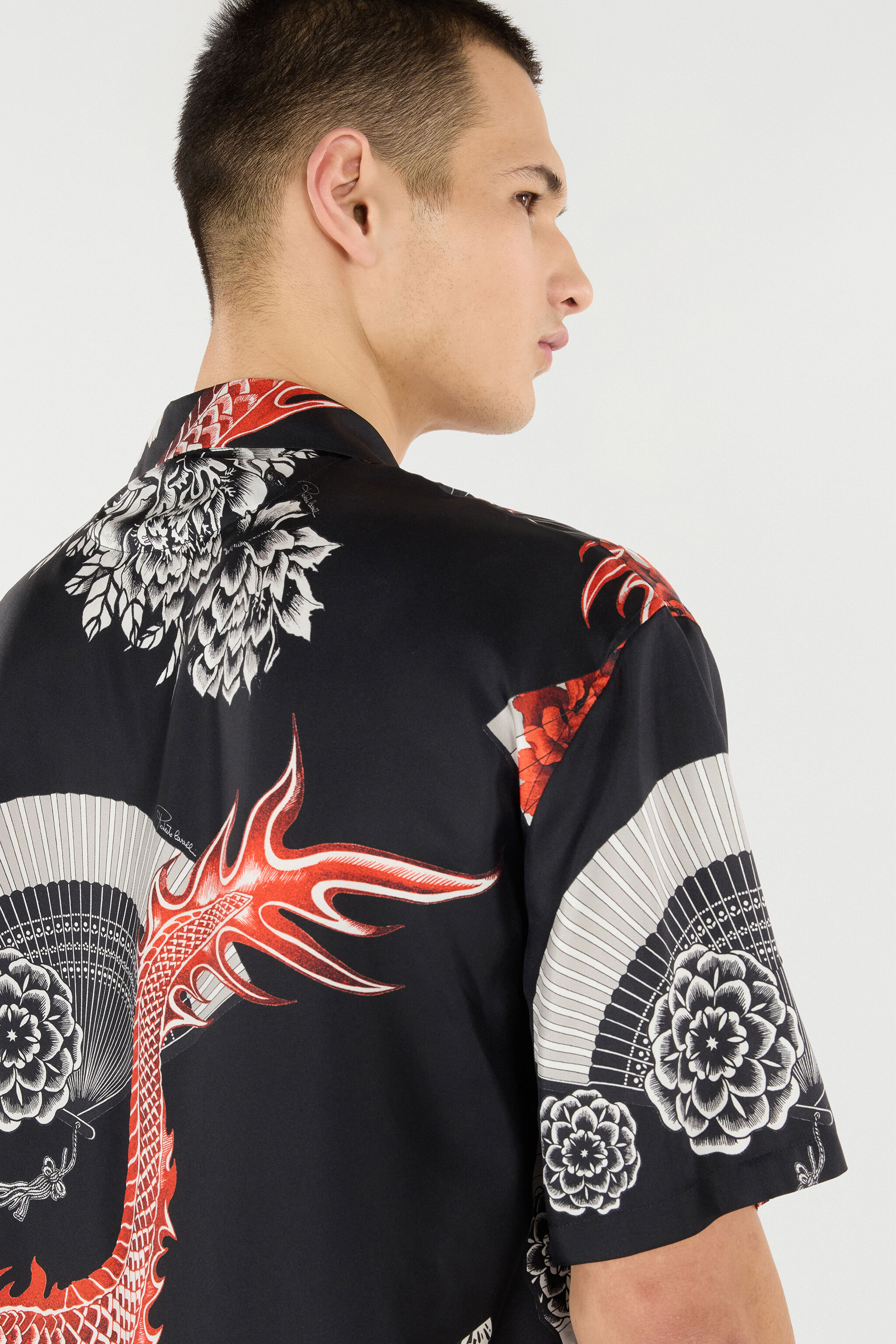RC Bowling Shirt in Printed Silk Schwarz/Rot VNT762-OZP75