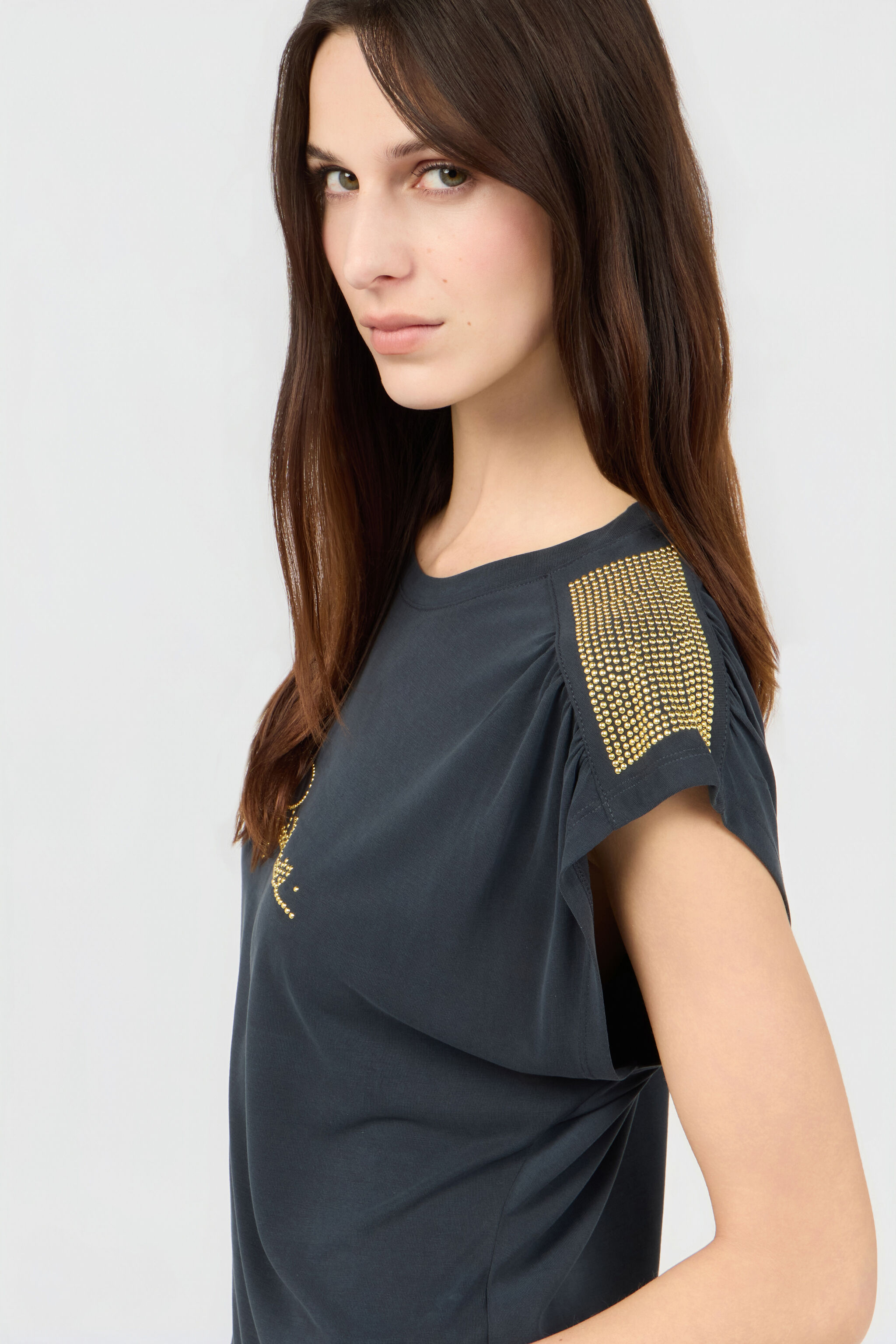 RC Anthracite T-Shirt With Studded Shoulders BLACK SOT60K-1H003