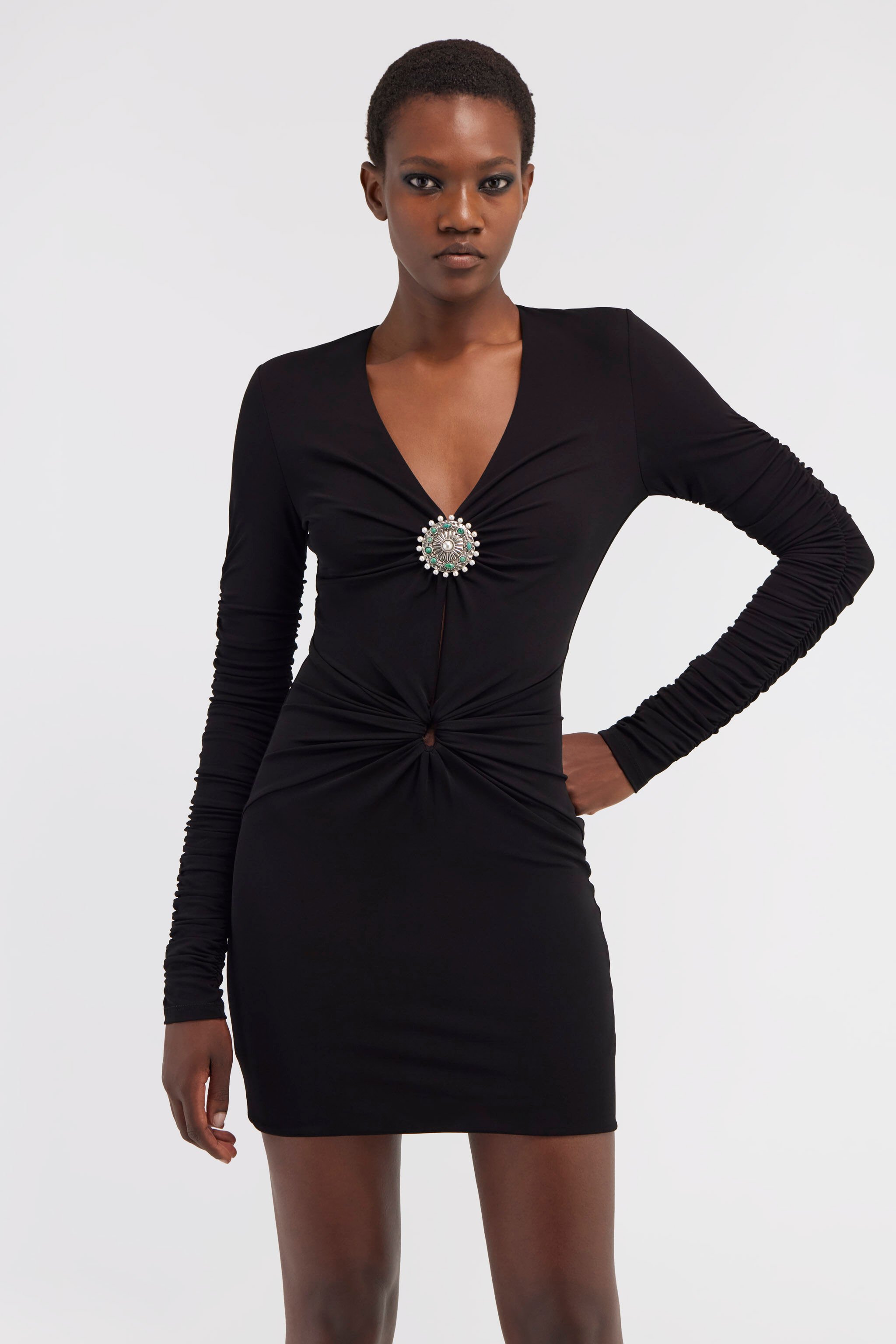 RC Vestido corto con volantes y piedras Negro RWT142-JJ036