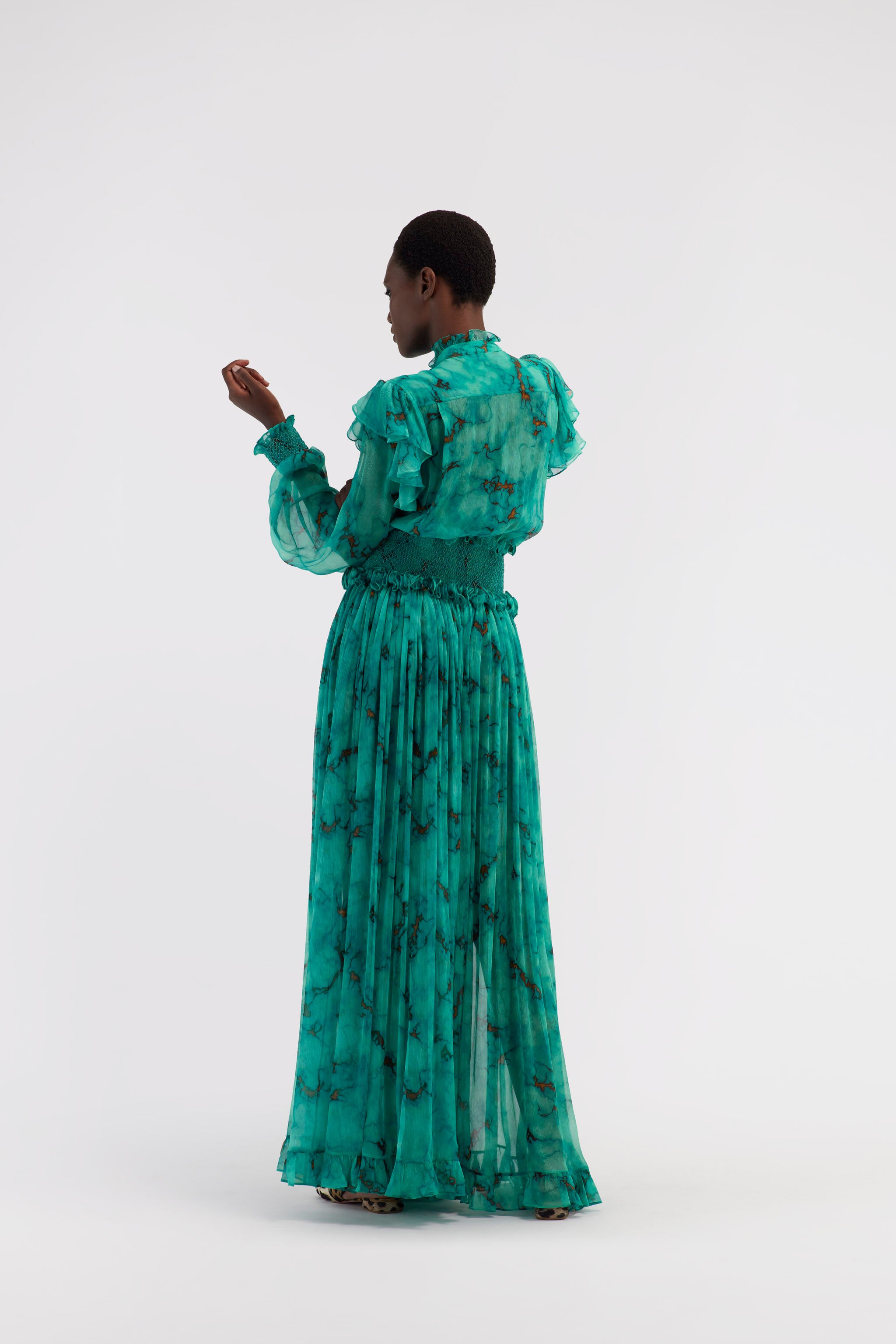 RC Long silk dress with Marble print Light blue RKT108-CZH62