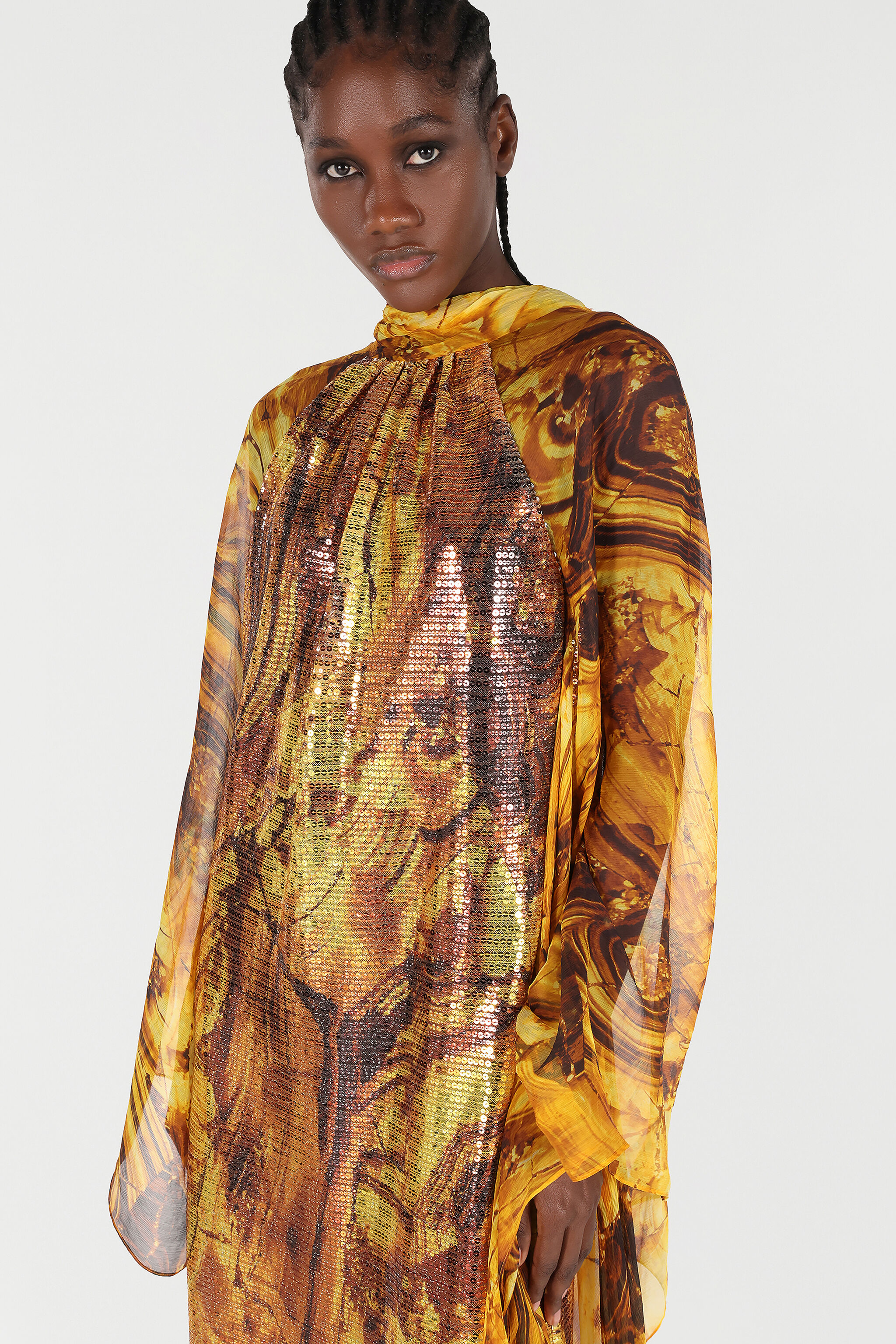 RC Silk Caftan Dress with Amber Print and Sequins Yellow VKT145-VXP74