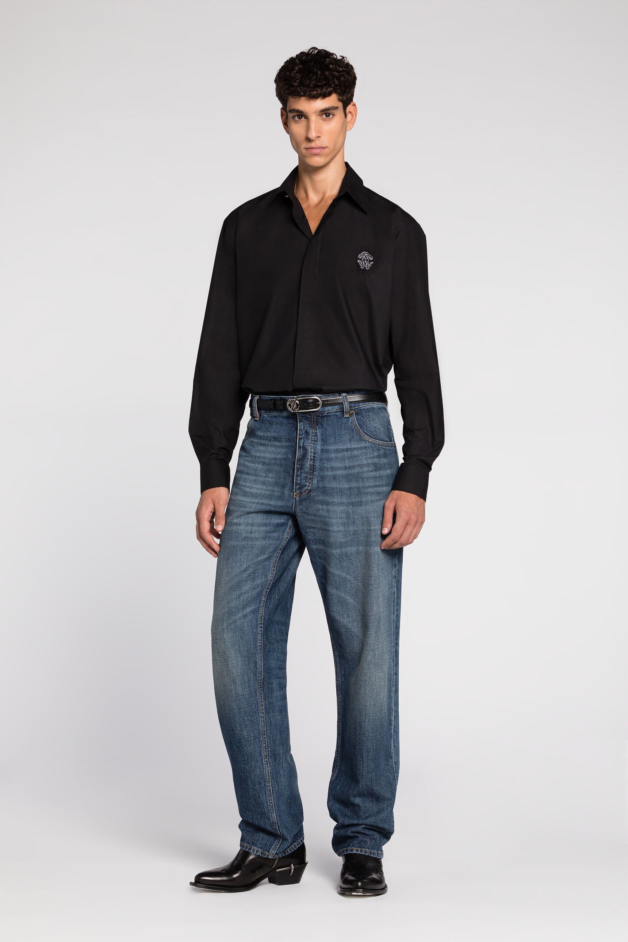 RC Camisa de algodón con adorno Mirror Snake bordado Negro RRT710-CH061