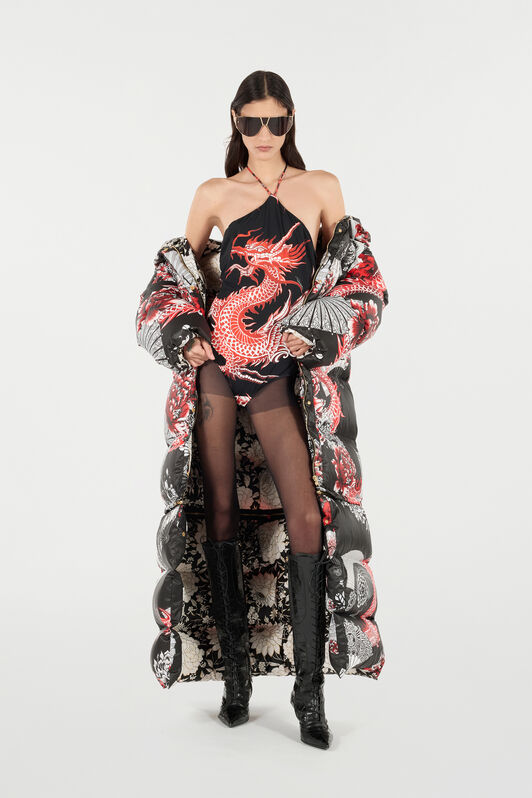 RC Bodysuit with Dragon, Flowers and Fans Schwarz/Rot VQT620-LNP75
