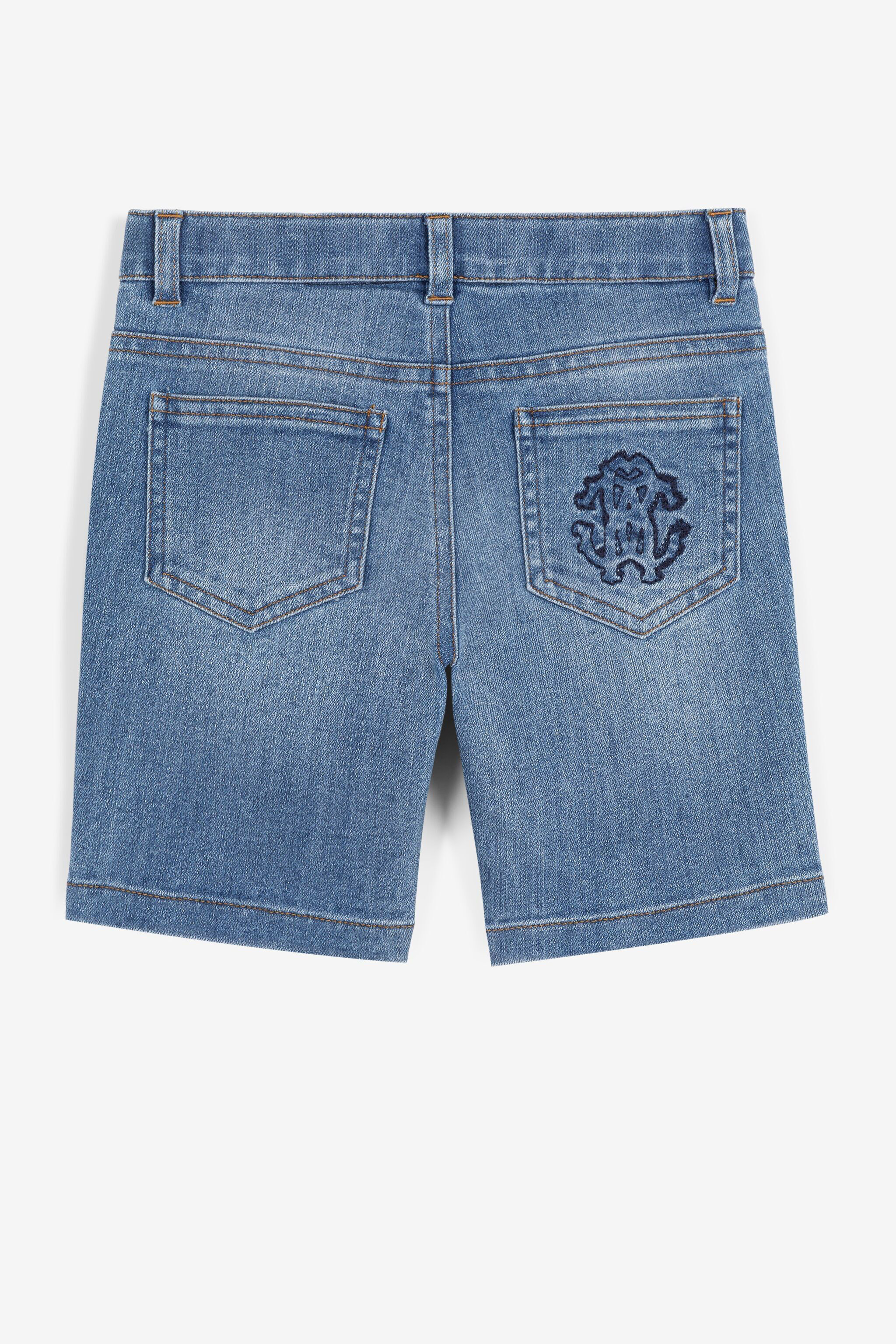 JU RC Monogram-Embroidered Denim Shorts Dark blue QJJ208-DS015