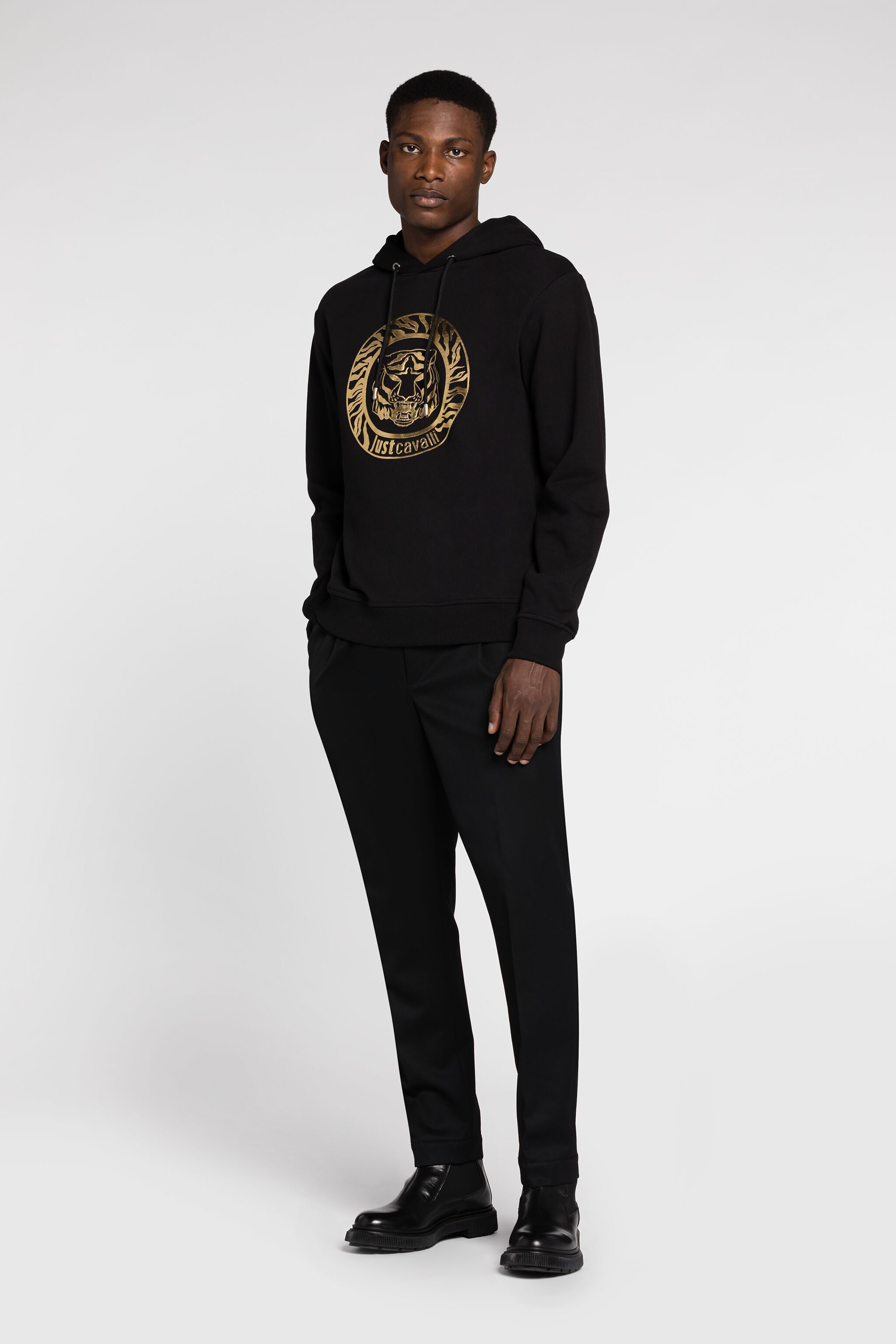 Just Cavalli Tiger And Logo-Print Hoodie in BLACK/GOLD for Men