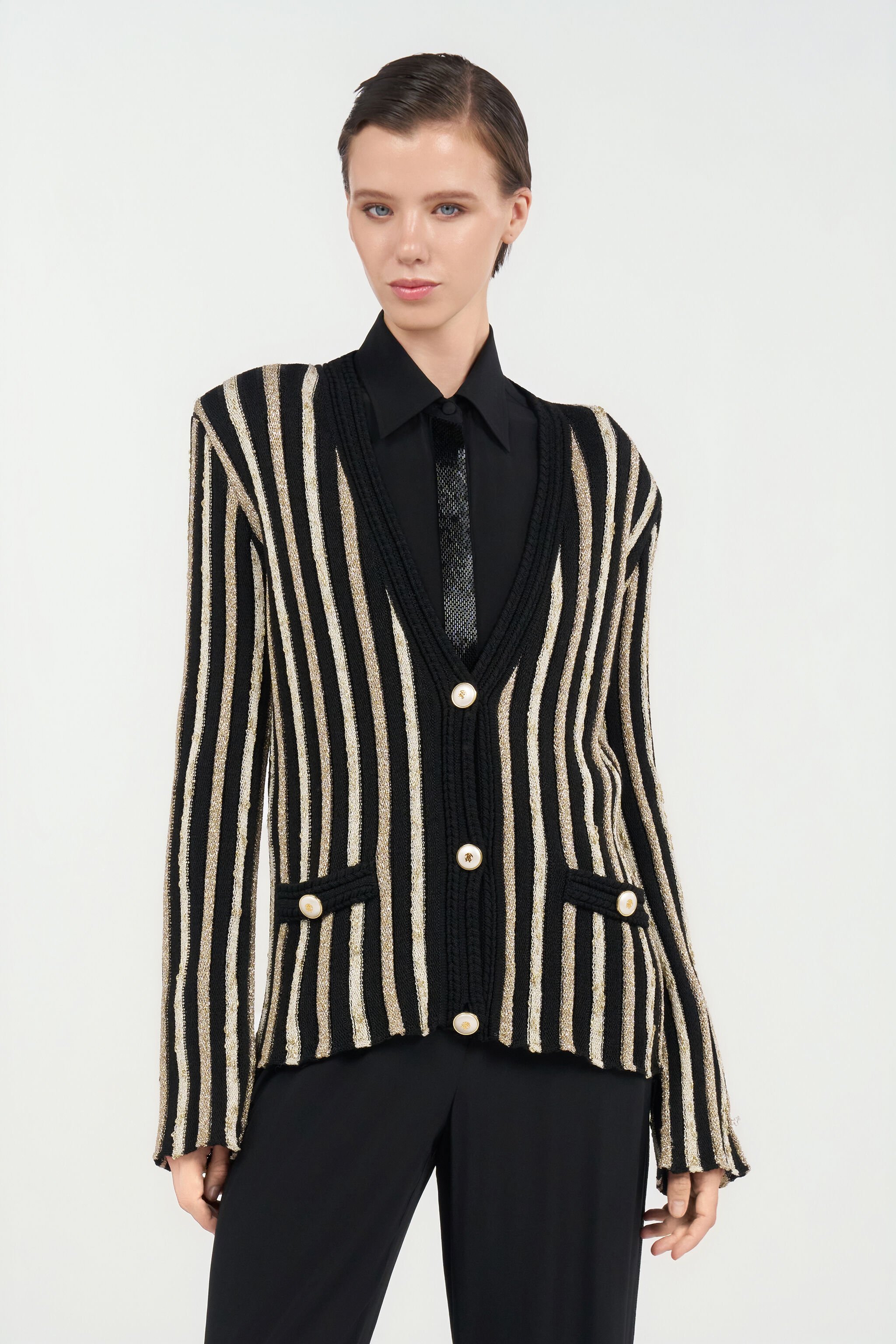 RC Cardigan with Laminated Stripes RC Cardigan with Laminated Stripes BLACK/GOLD WKM906-MO010