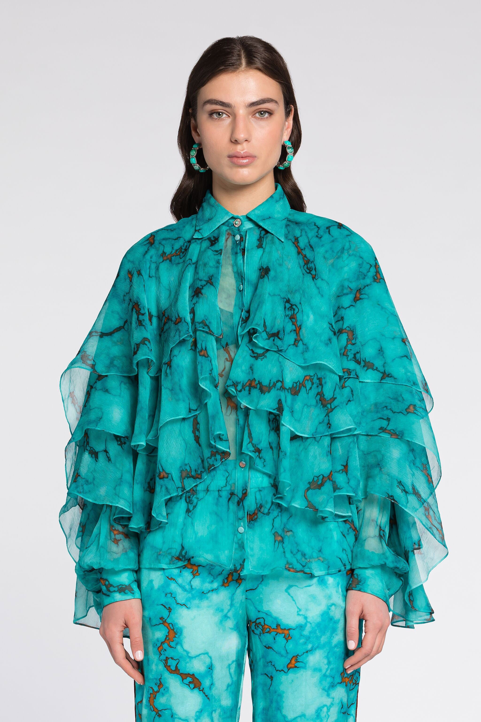 RC Ruffled Marble-Print Top Light blue RKT702-CZH62