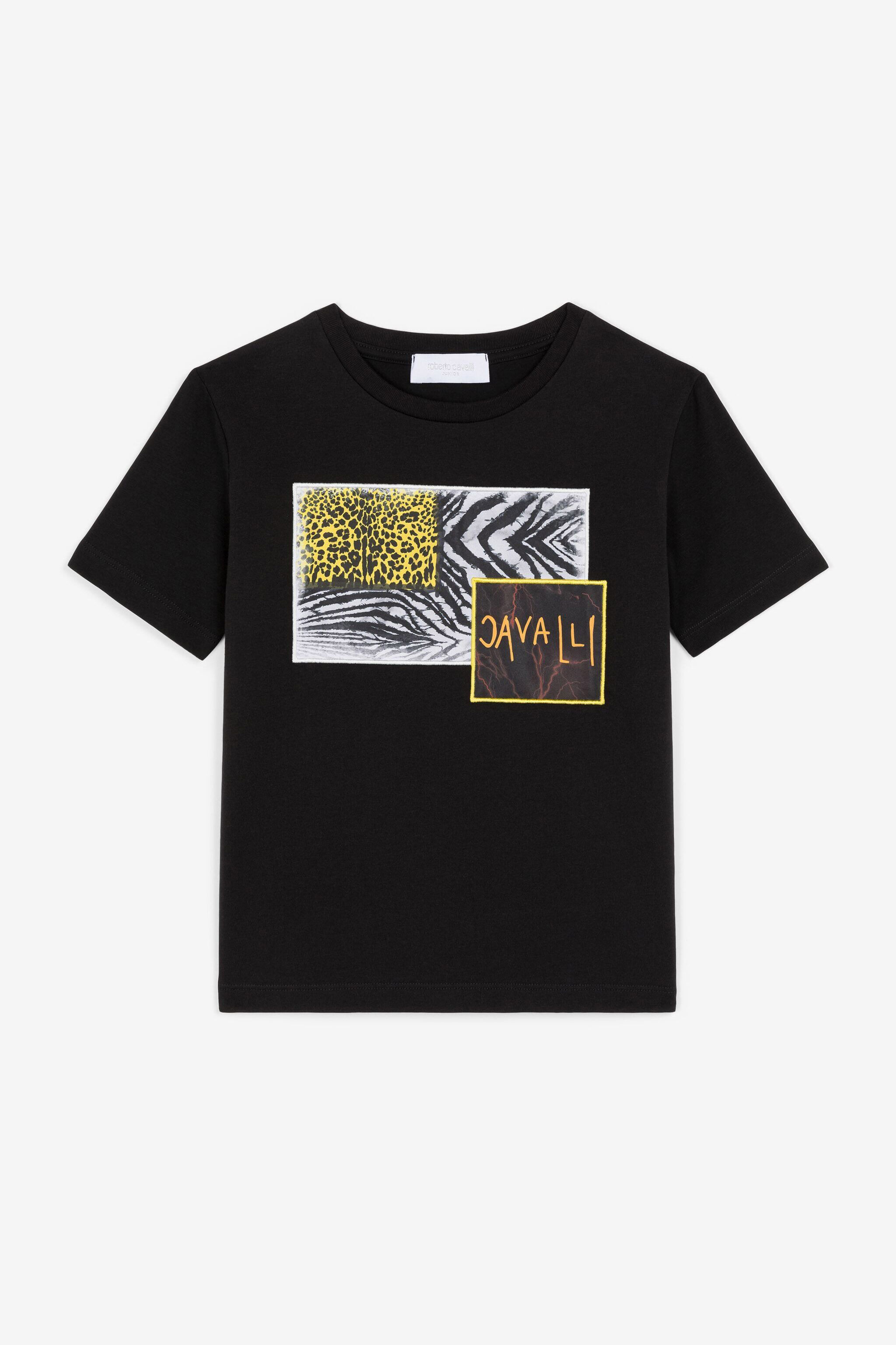 JU T-Shirt mit animalischer Patchwork-Applikation Schwarz OJT619-ISA2J