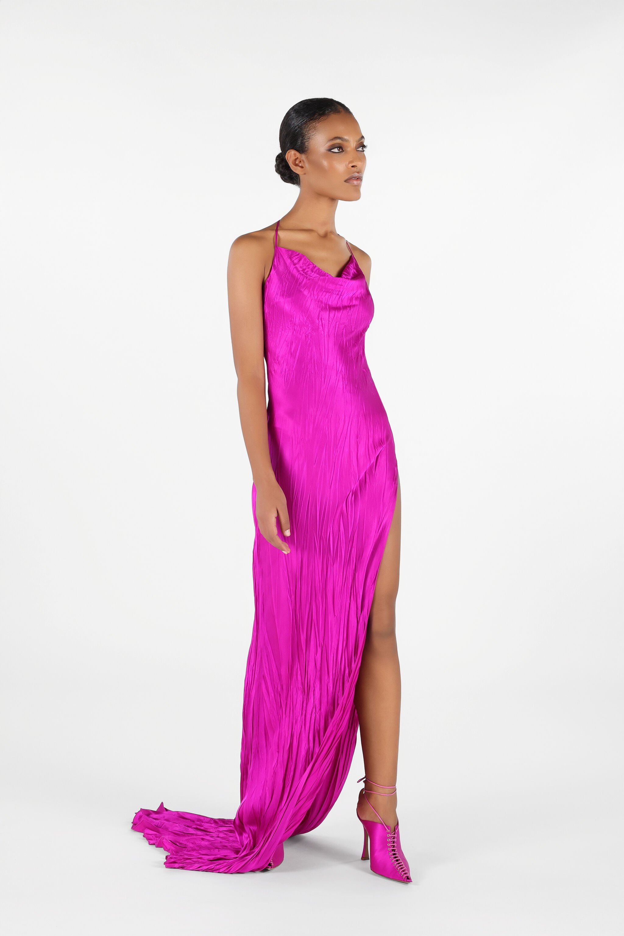 RC Langes Kleid aus Knitterseide Fuchsia UWT125-SE045