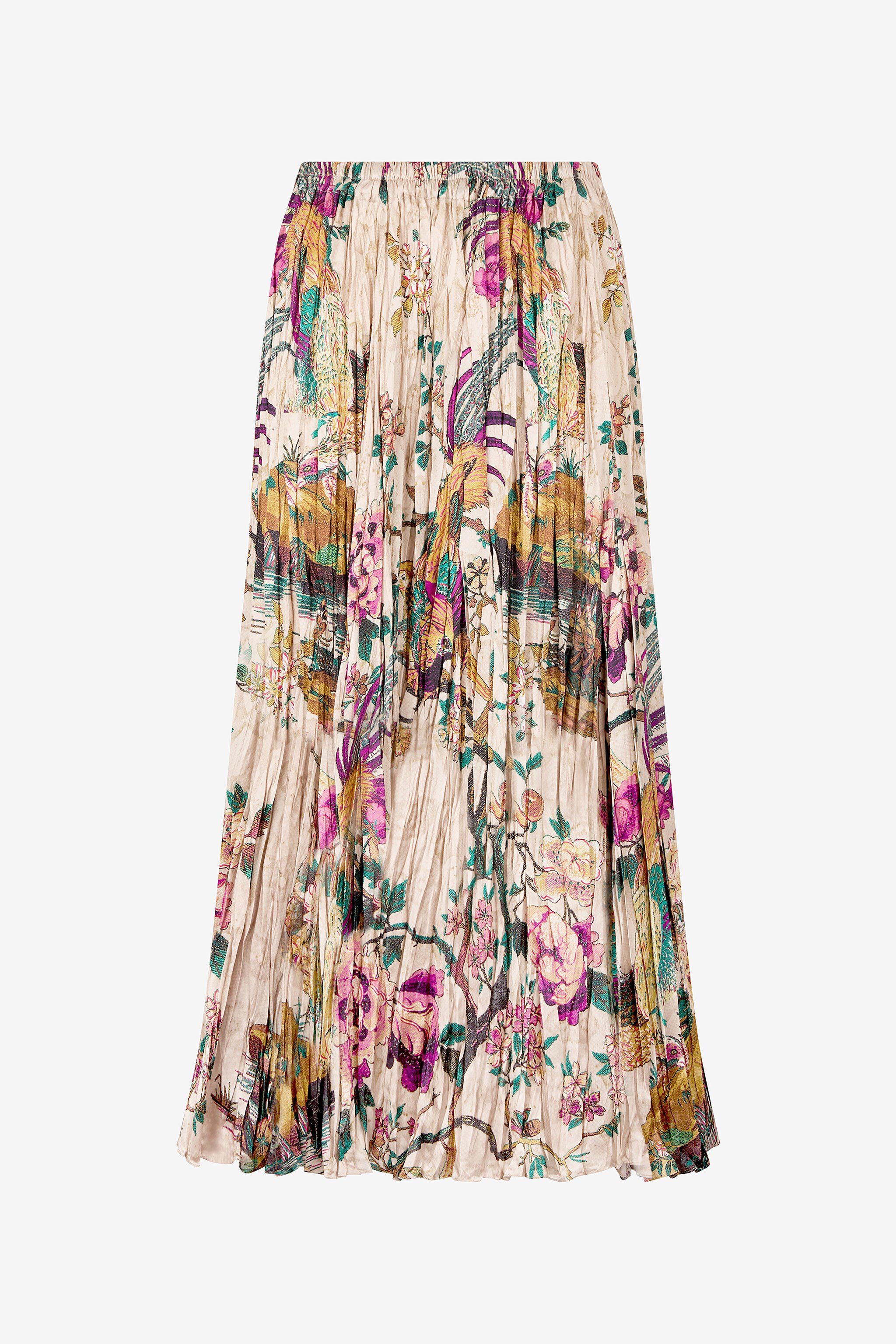 RC Midi Skirt with Floral and Pheasant Print Ivory/Pink VKT306-TYP76