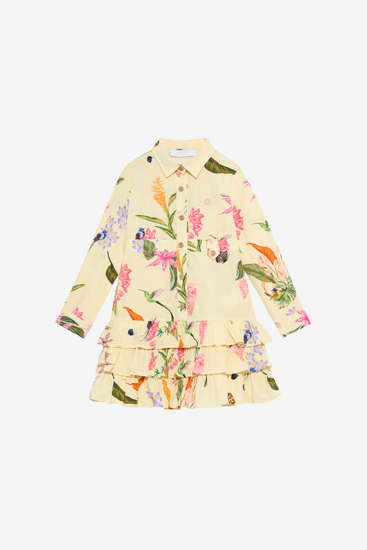 JU Yellow Dress with Tropical Print and Ruffles YELLOW VJT10J-7MP32