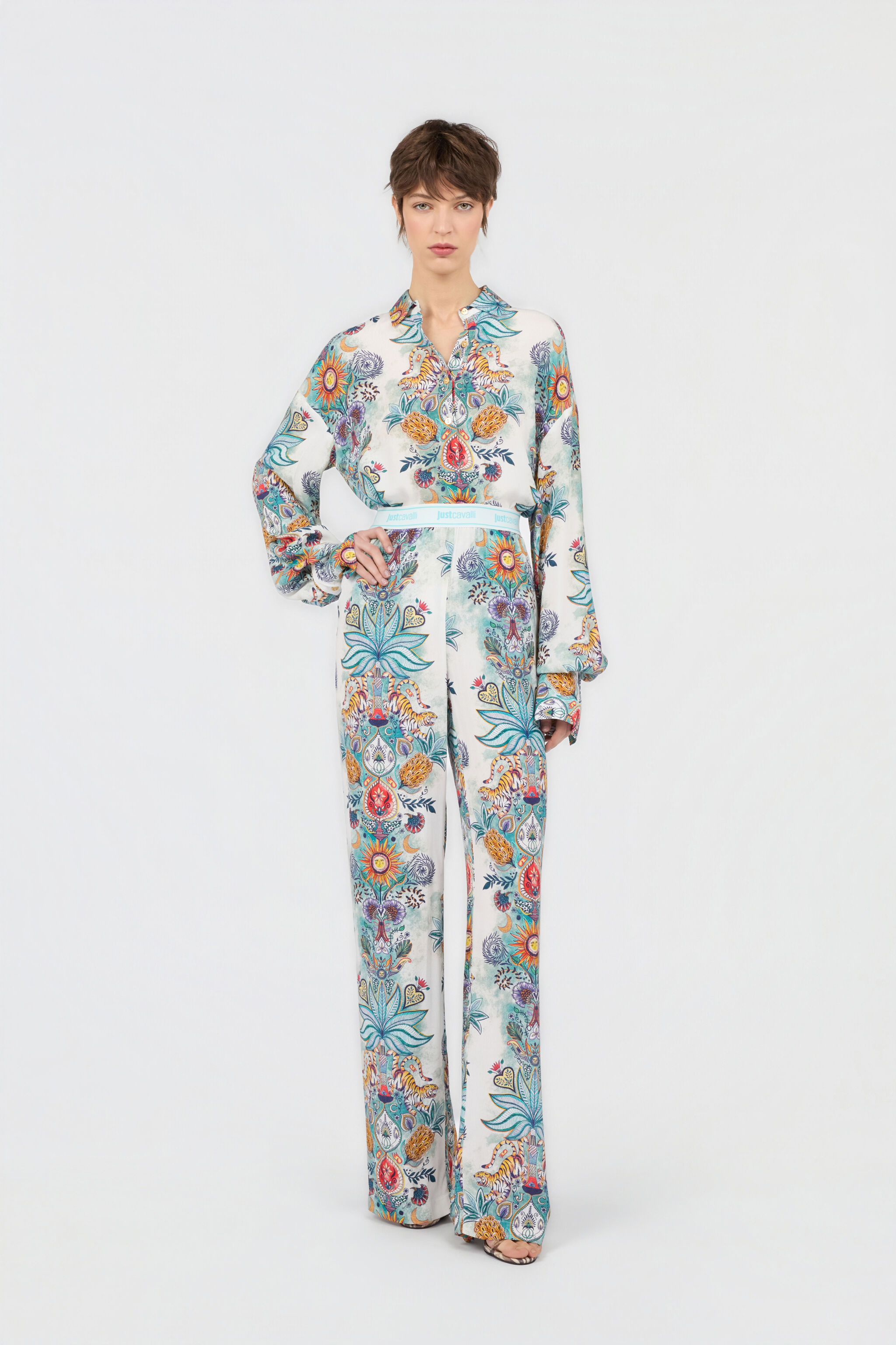 JC Tropical Garden Print Trousers TURCHESE CHIRO WFT158-WF505