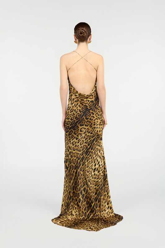 RC Long Silk Dress with Jaguar Skin Print Marron VWT103-HZQ71