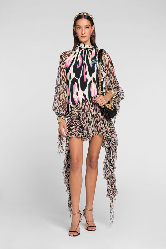RC Jaguar-Print Ruffle-Trimmed Mini Dress ROSA QKT125-FVF54