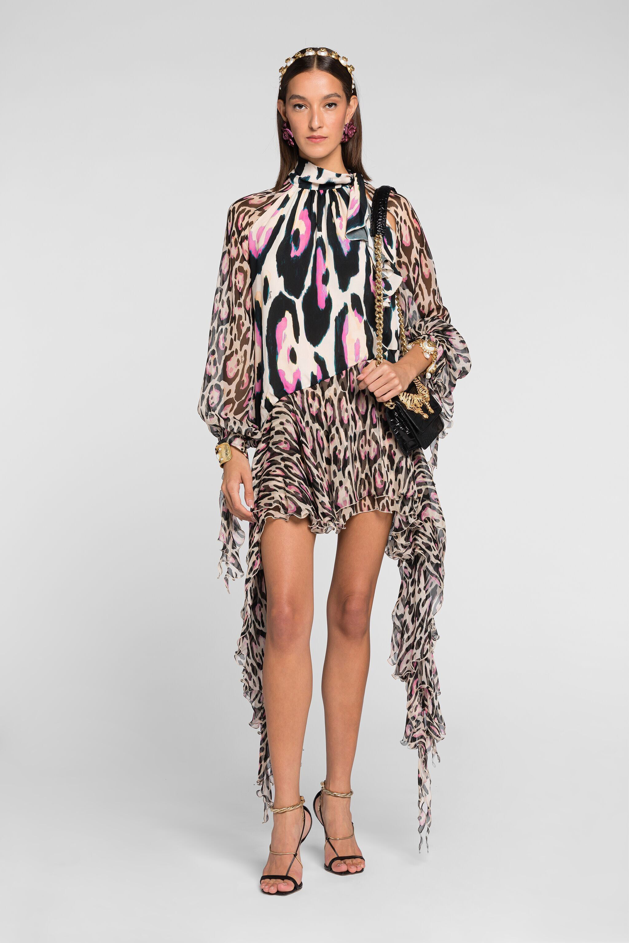 RC Jaguar-Print Ruffle-Trimmed Mini Dress ROSA QKT125-FVF54