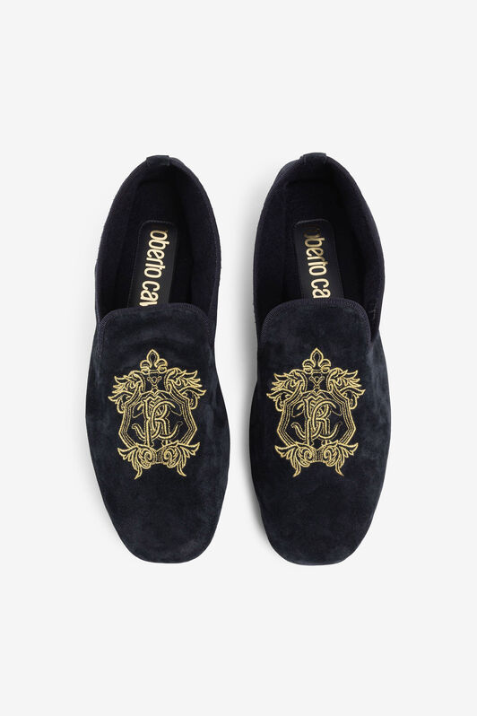 RC Mirror Snake Crest-Embroidered Velvet Slippers DARK BLUE PRS001-PZA95