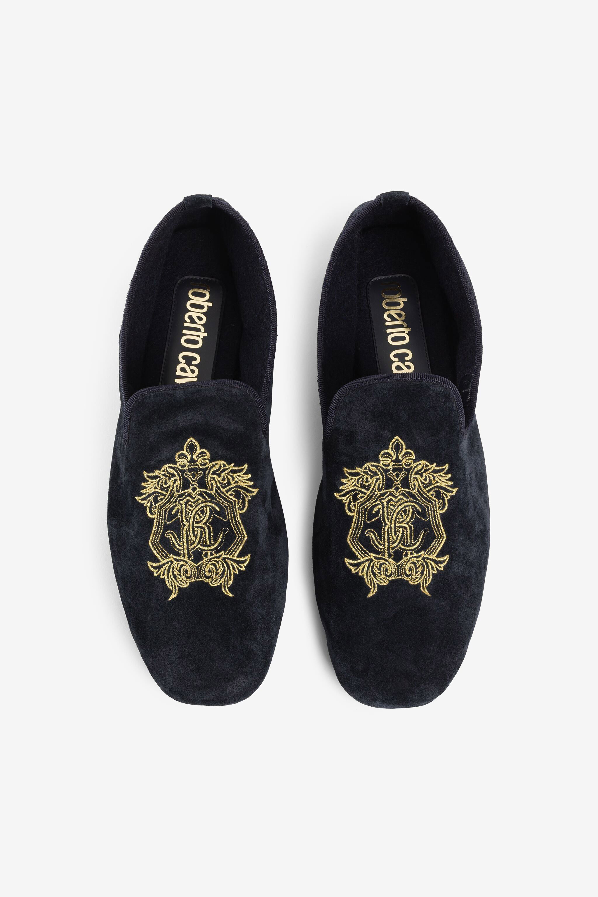 RC Mirror Snake Crest-Embroidered Velvet Slippers DARK BLUE PRS001-PZA95