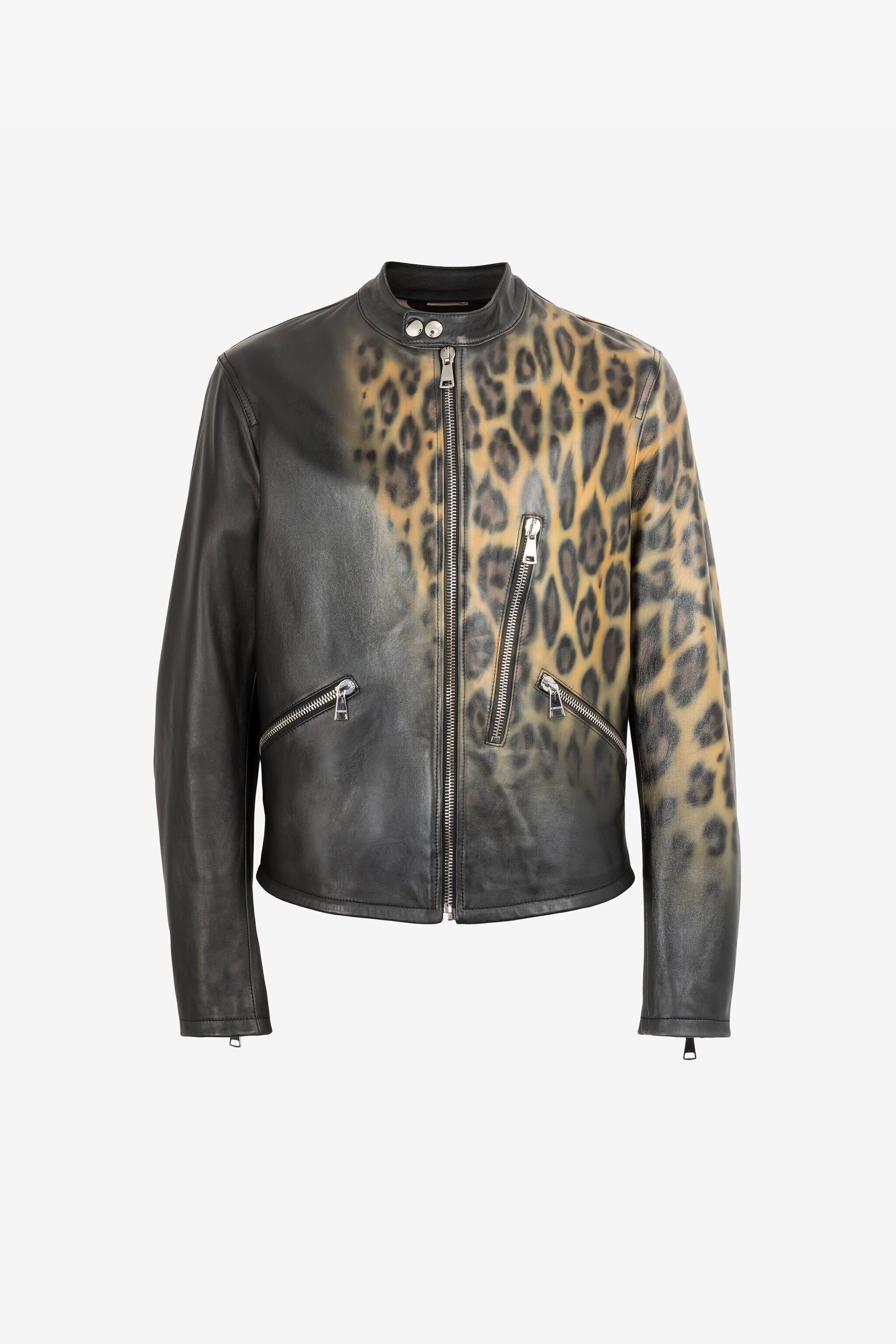 RC Leopard print leather bomber jacket Black QRP811-PFF22