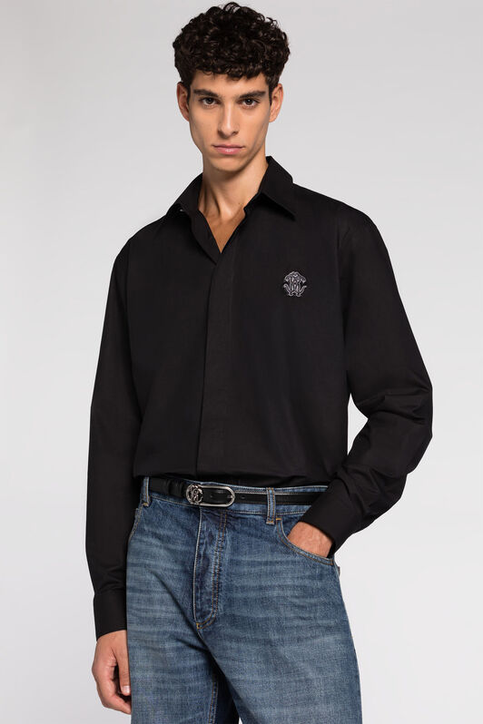 RC Camisa de algodón con adorno Mirror Snake bordado Negro RRT710-CH061