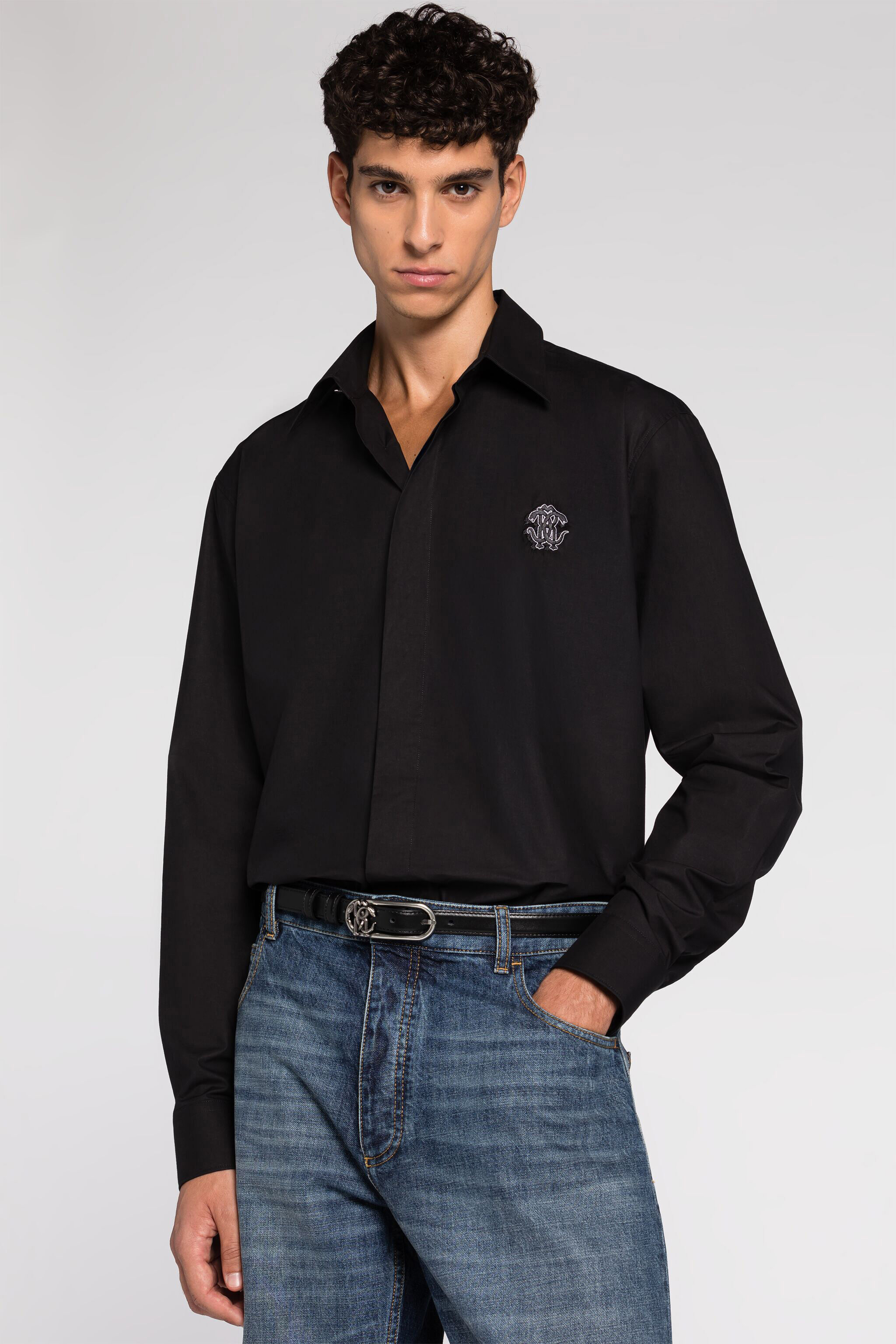 RC Camisa de algodón con adorno Mirror Snake bordado Negro RRT710-CH061