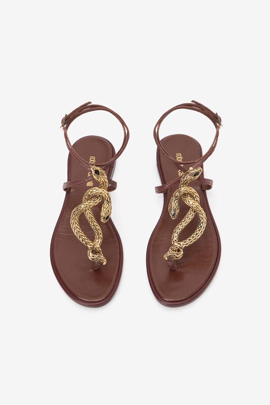 RC Sandalias planas de dedo marrones y blancas con serpientes BROWN WWS003-PAM08