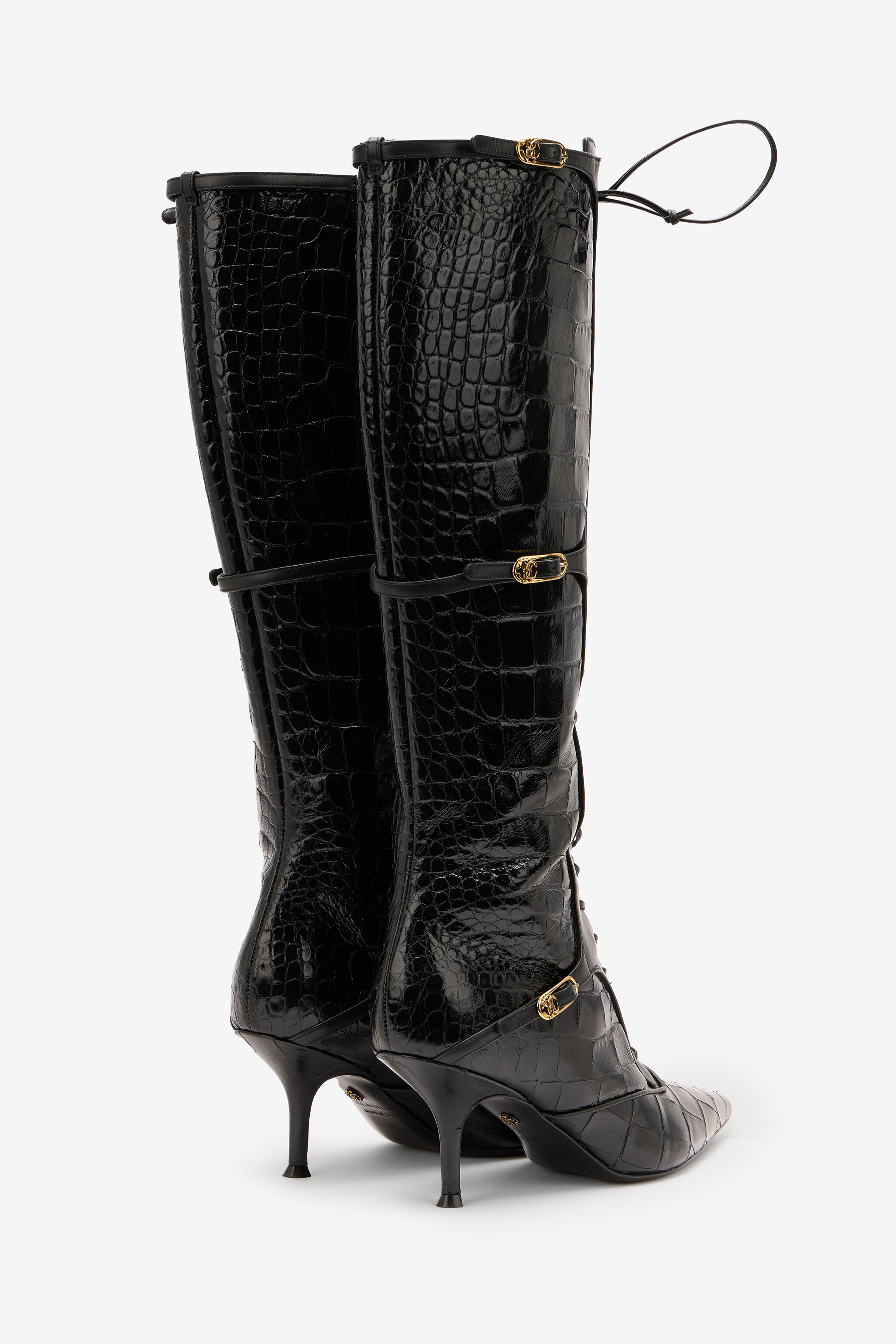 RC Pointed Lace-Up Boots in Crocodile-Effect Schwarz VKS017-PZ579