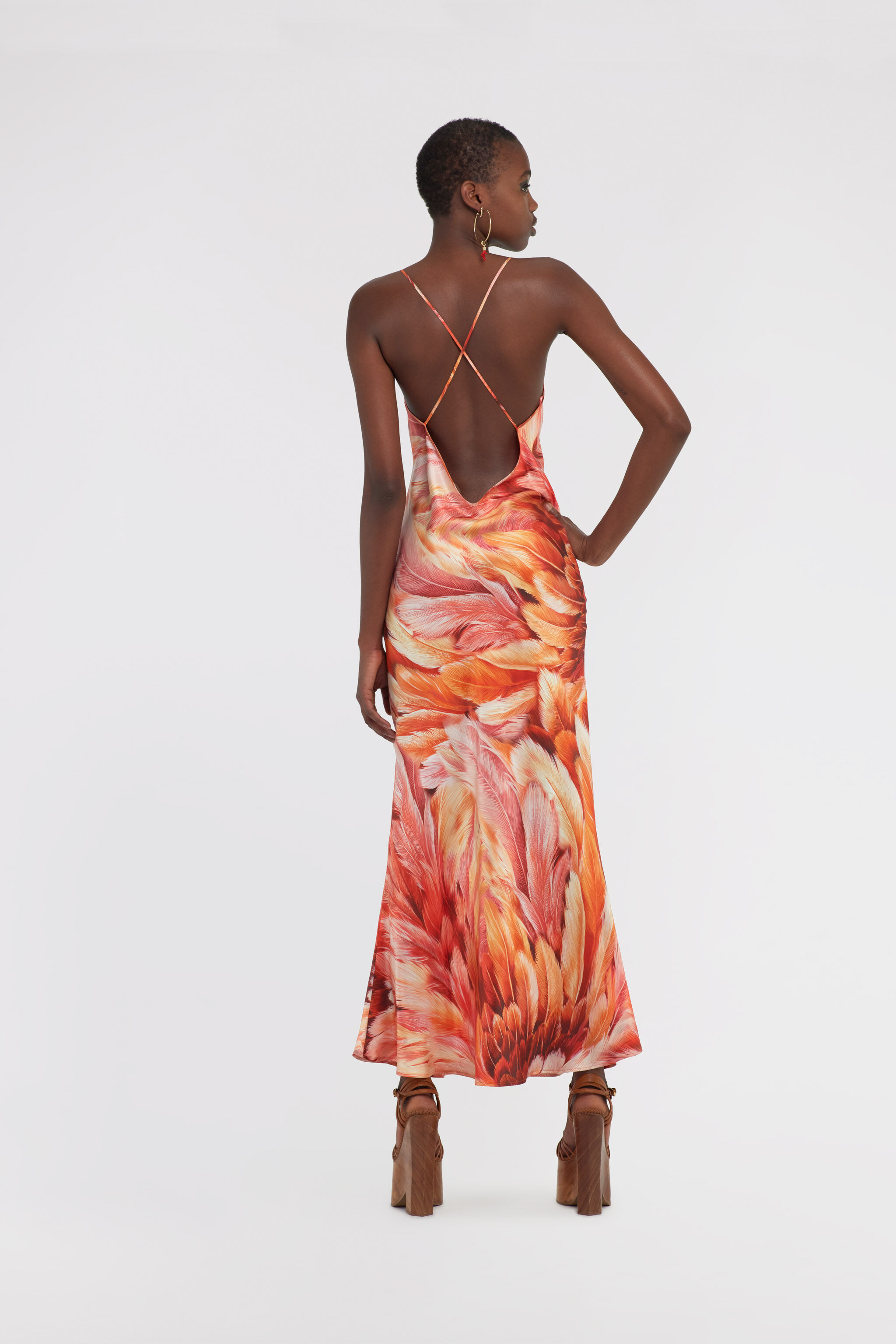 RC Plumage print long dress Orange SWT151-4QL71
