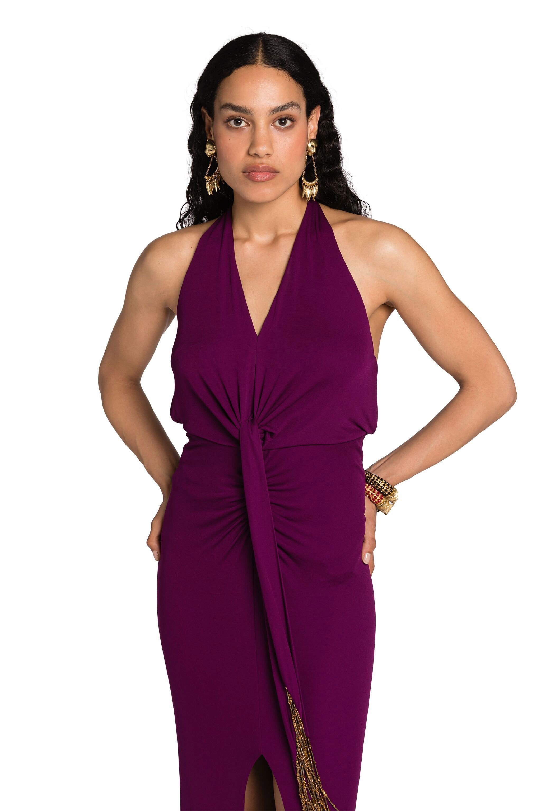 RC Beaded Tassel-Embellished Gathered Dress Purple LQR129-JJ035