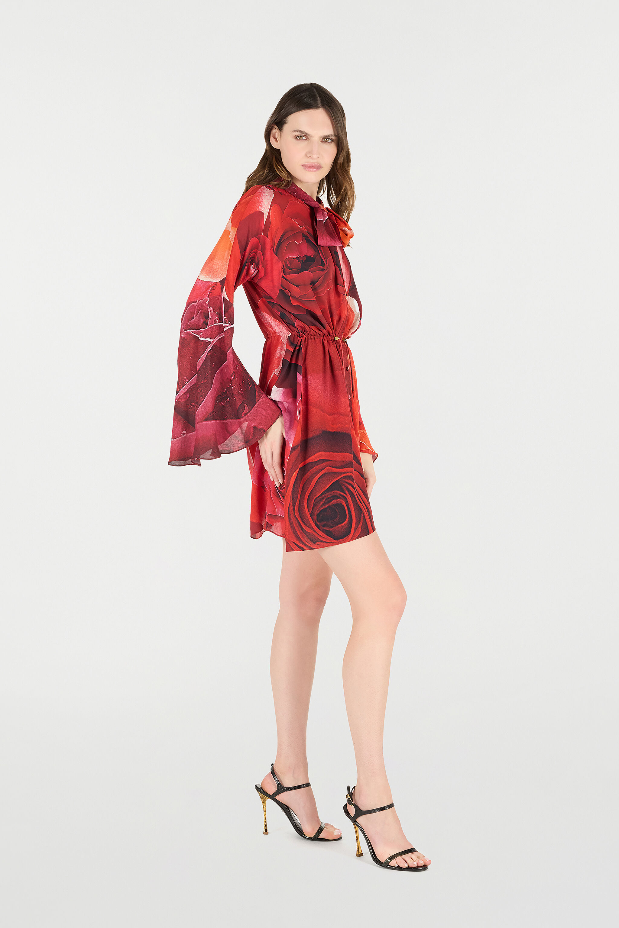 RC Rose-Print Mini Dress With Pussy-Bow ROSSO UKT140-KWN48