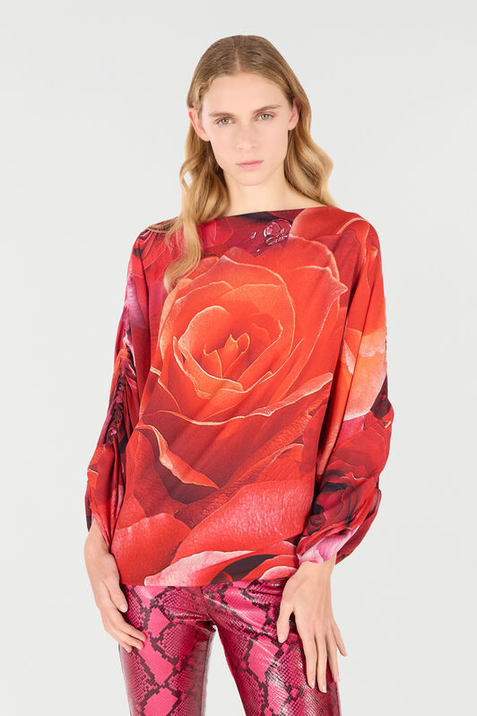 RC Sweater With Gathered Sleeves And Rose Print Red UKT726-KWN48