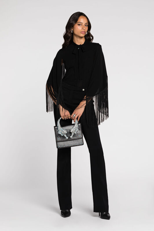 RC Fringe cuffs tie-collar shirt Black RKT701-JJ051