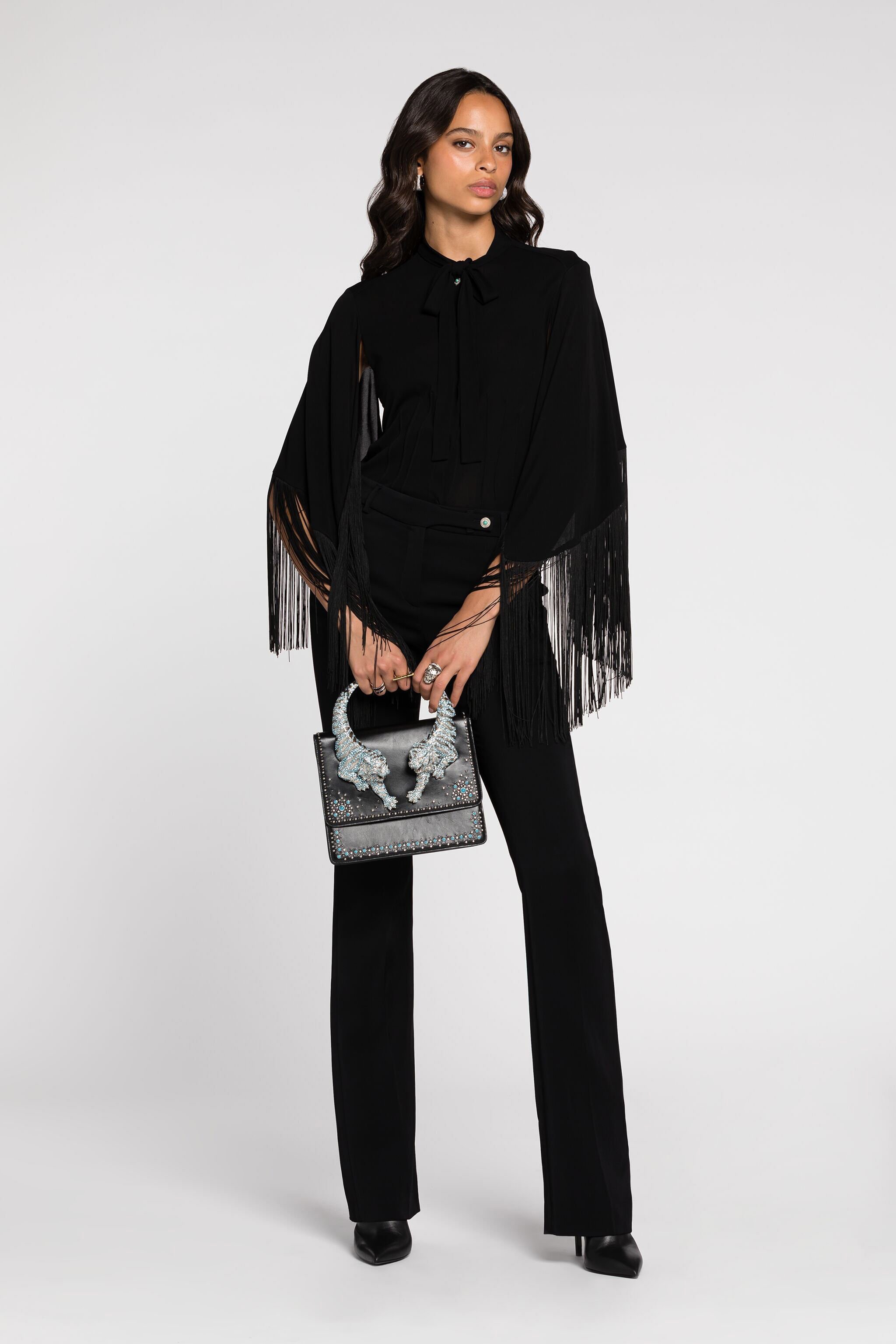RC Fringe cuffs tie-collar shirt Black RKT701-JJ051