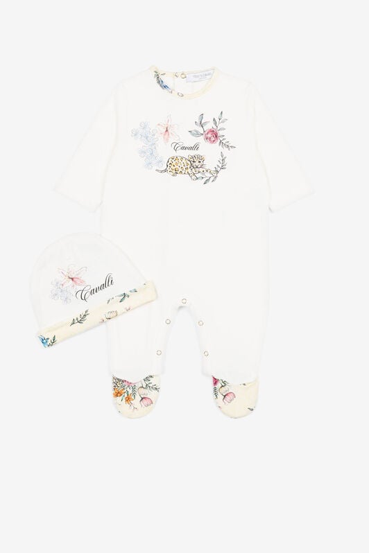 JU Jaguar And Flower-Print Babygrow Set White QJT839-JV025