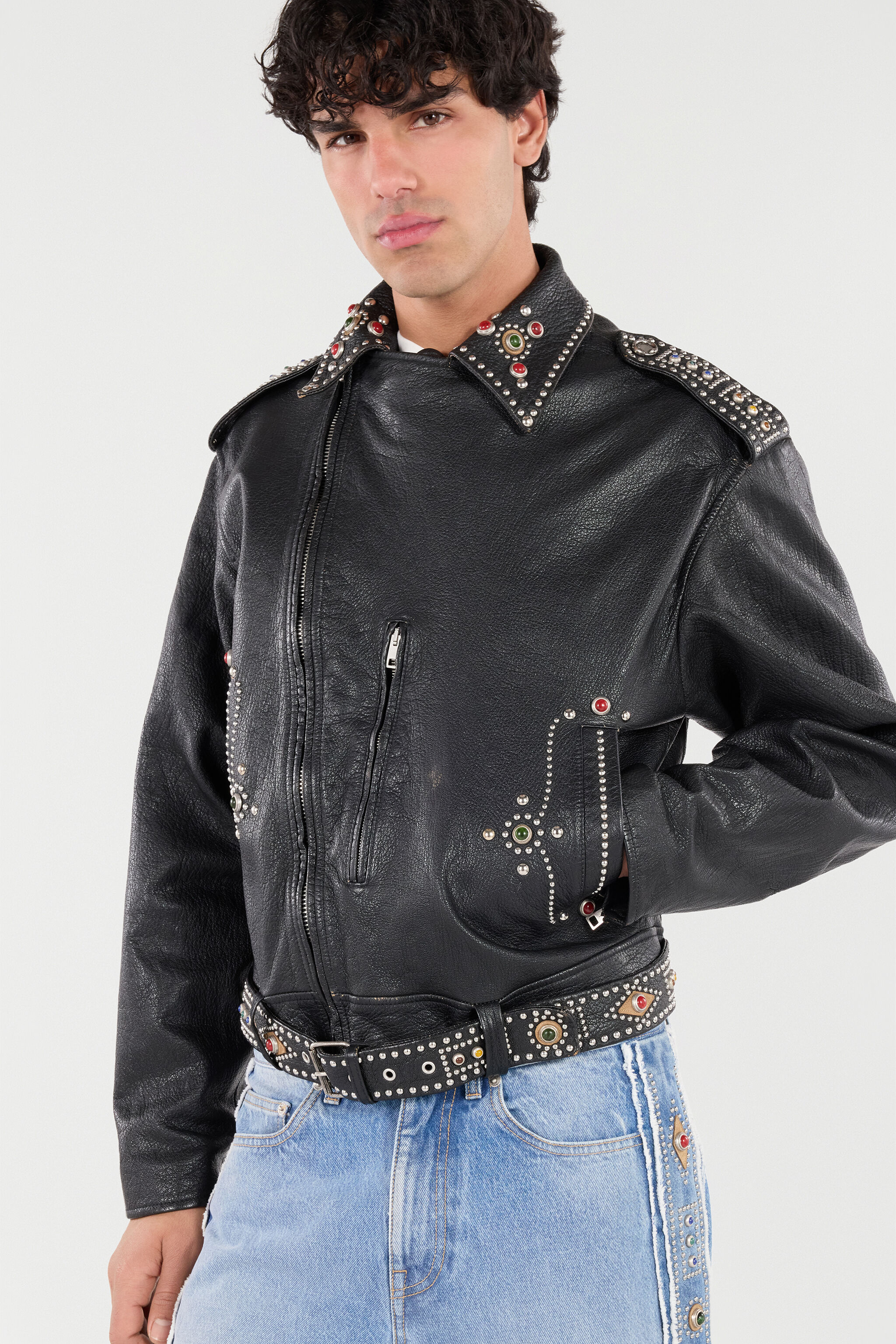 RC Leather Biker Jacket with Studs and Stones Black VRP874-PM040